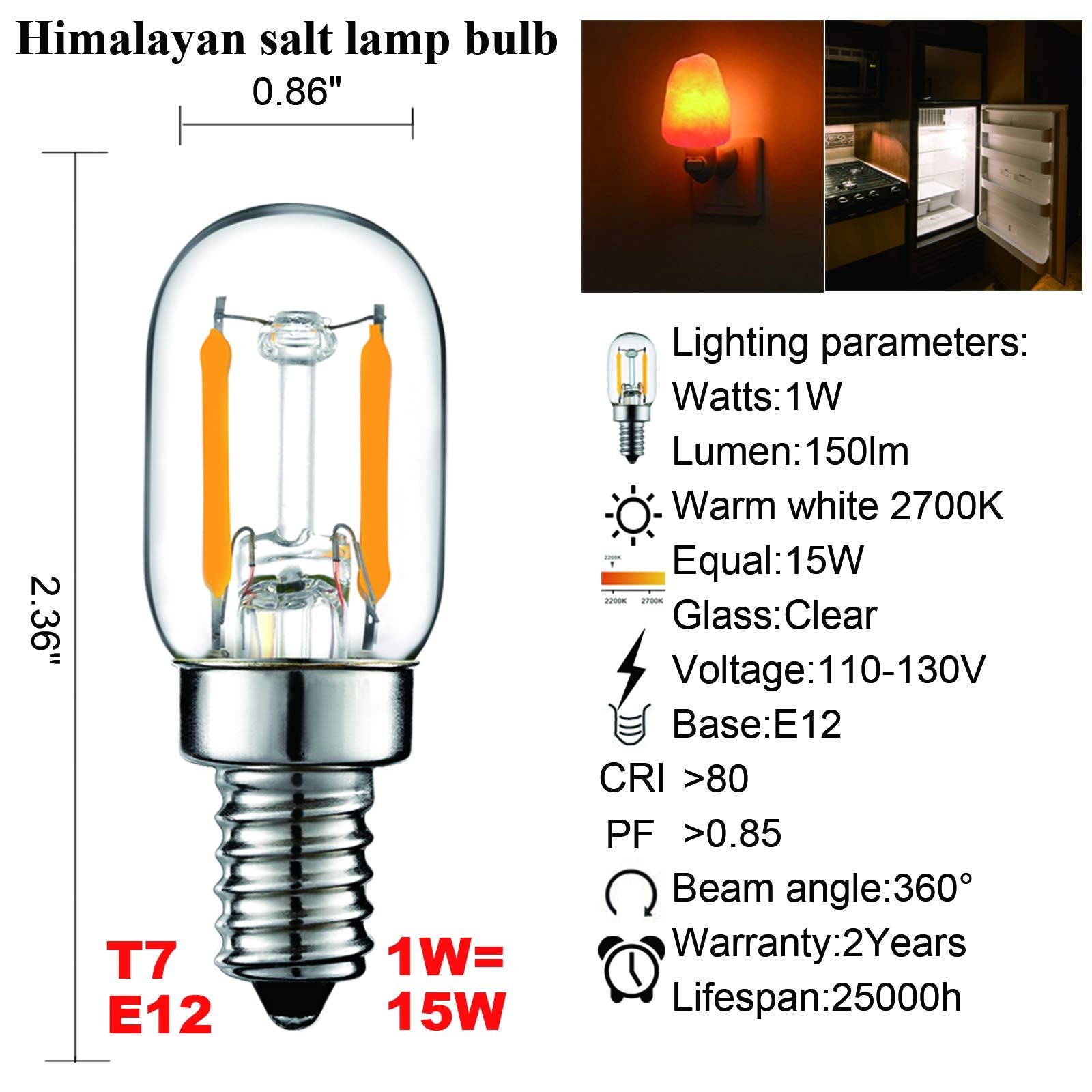 Litehistory E12 1 Watt Equal 15W Night Light Bulbs 150Lm Himalayan Salt Lamp Bulb 2700K T22 T7 Led Bulb 2Pack