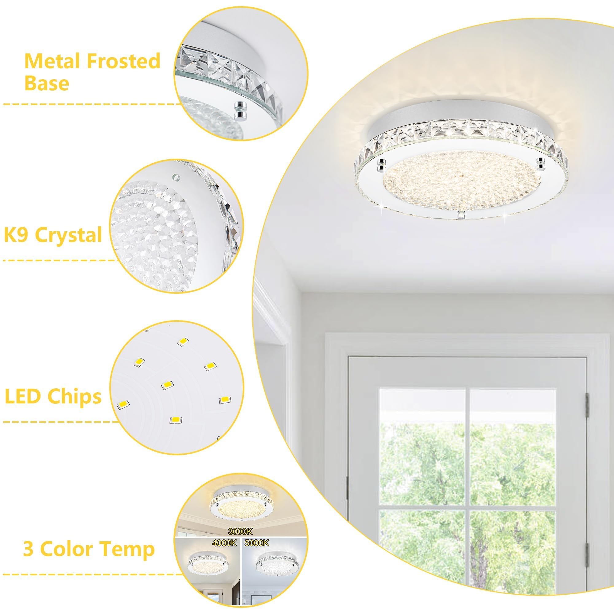 Lzawvm 13&quot; Flush Mount Crystal Ceiling Light - Led 3-Color Change For Modern Hallway & Living Room