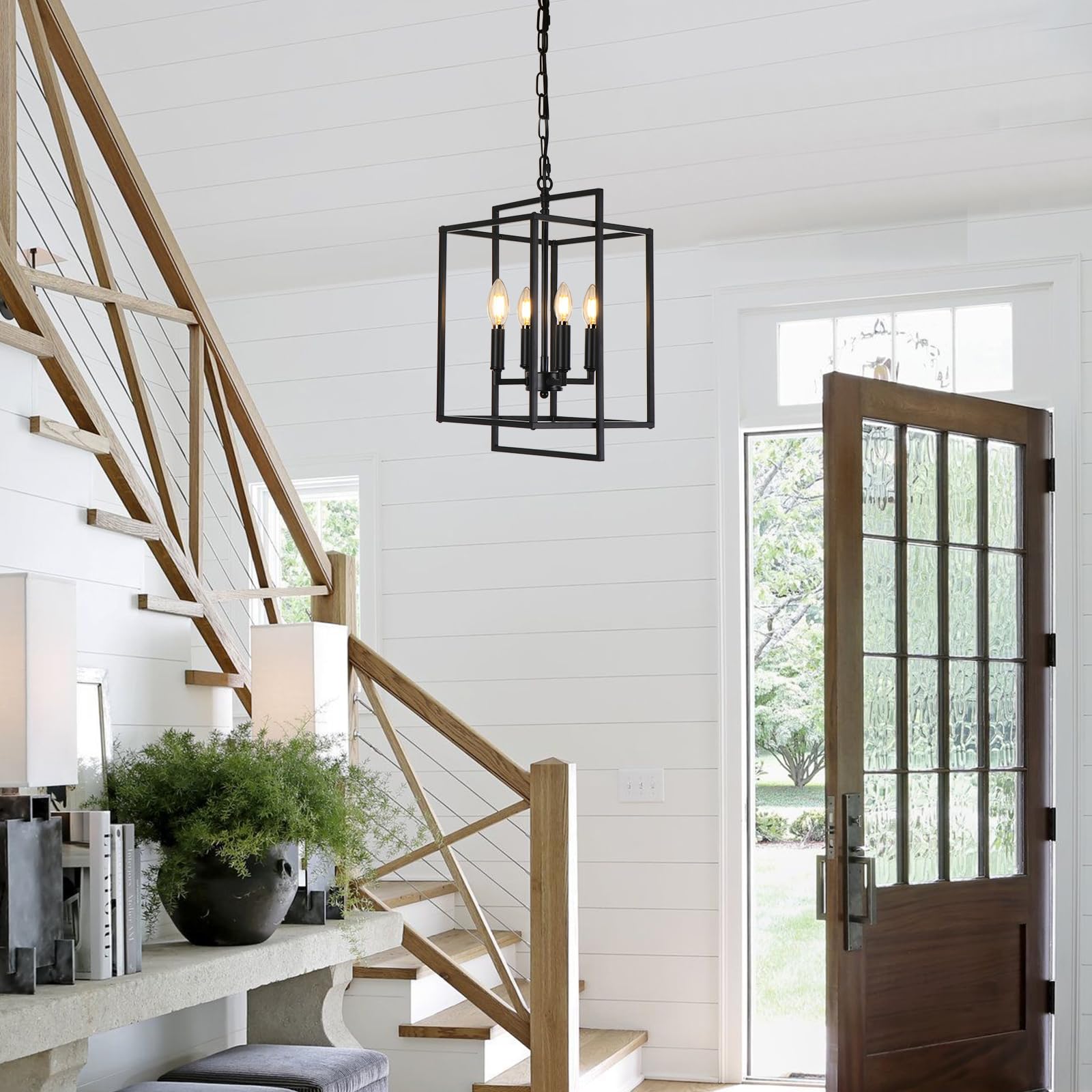 Kmaipem Vintage Black Chandelier, 4-Light Farmhouse Chandeliers For Dining Room, Modern Metal Geometric Lantern Hanging Pendant