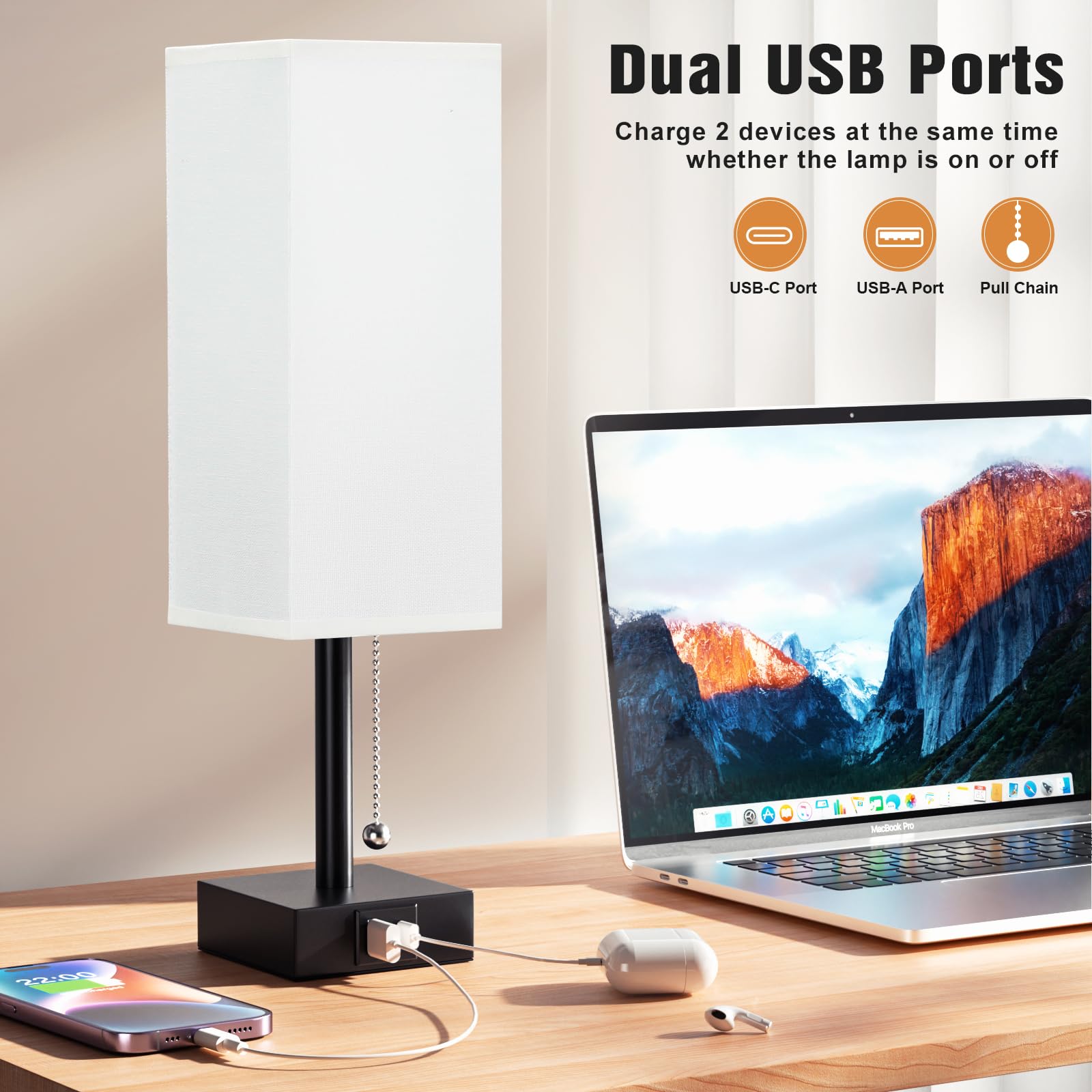 Bedside Lamps Set Of 2 - White, 3 Color Temperatures, Usb Charging, Pull Chain Night Light