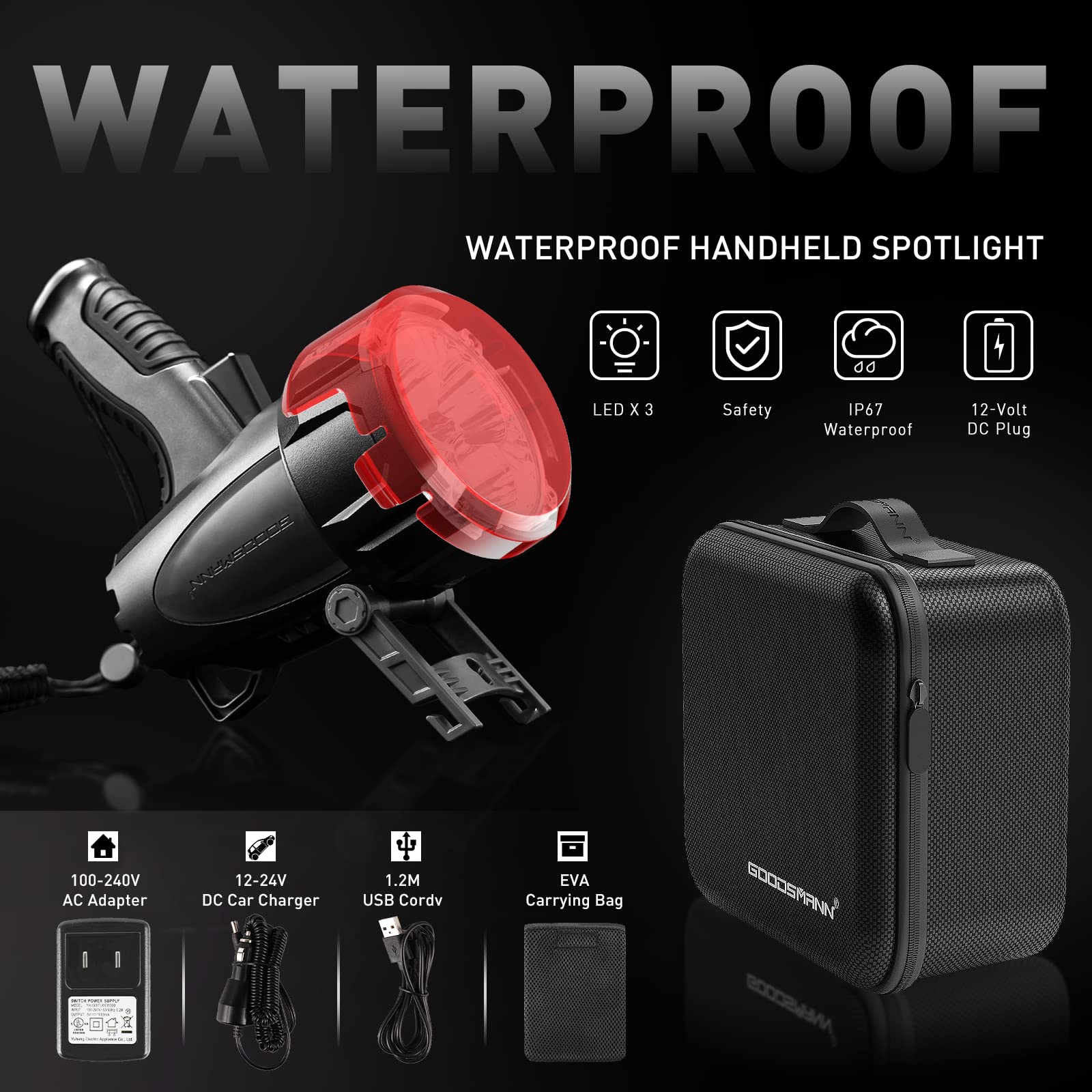 GOODSMANN Rechargeable Spotlight - 6000 Lumen LED, IP67 Waterproof, Black, Model 9903-C102-01, Portable Handheld Searchlight for Outdoor Use