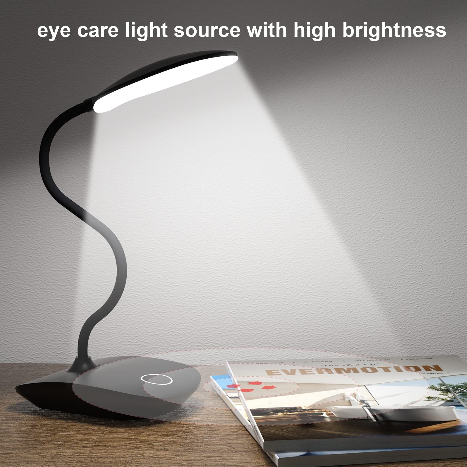 DEEPLITE LED Desk Lamp, 5W Touch Control, 3 Lighting Modes, Portable, Black, Flexible Gooseneck, Eye-Caring, 1 Pack