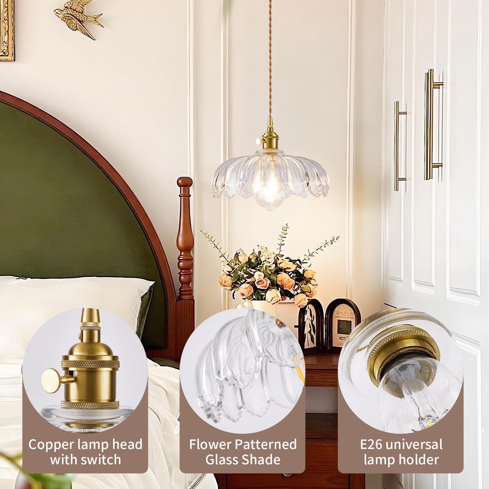 Beserwin Plug In Pendant Light  Hanging Lights With Plug In Cord  Hanging Light Fixture With Green Glass  E26 Pendant Lighting For Kitchen Island  Bedroom  Dining Room-Clear