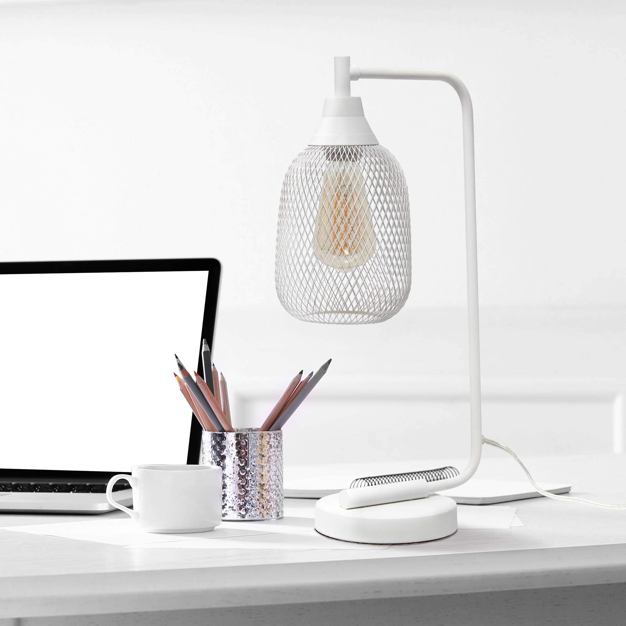 LALIA HOME Industrial Office Desk Lamp, Metal, Wired Mesh Shade, 9 x 5.75 x 19 inches, White Matte Finish, Model LHD-2000-WH