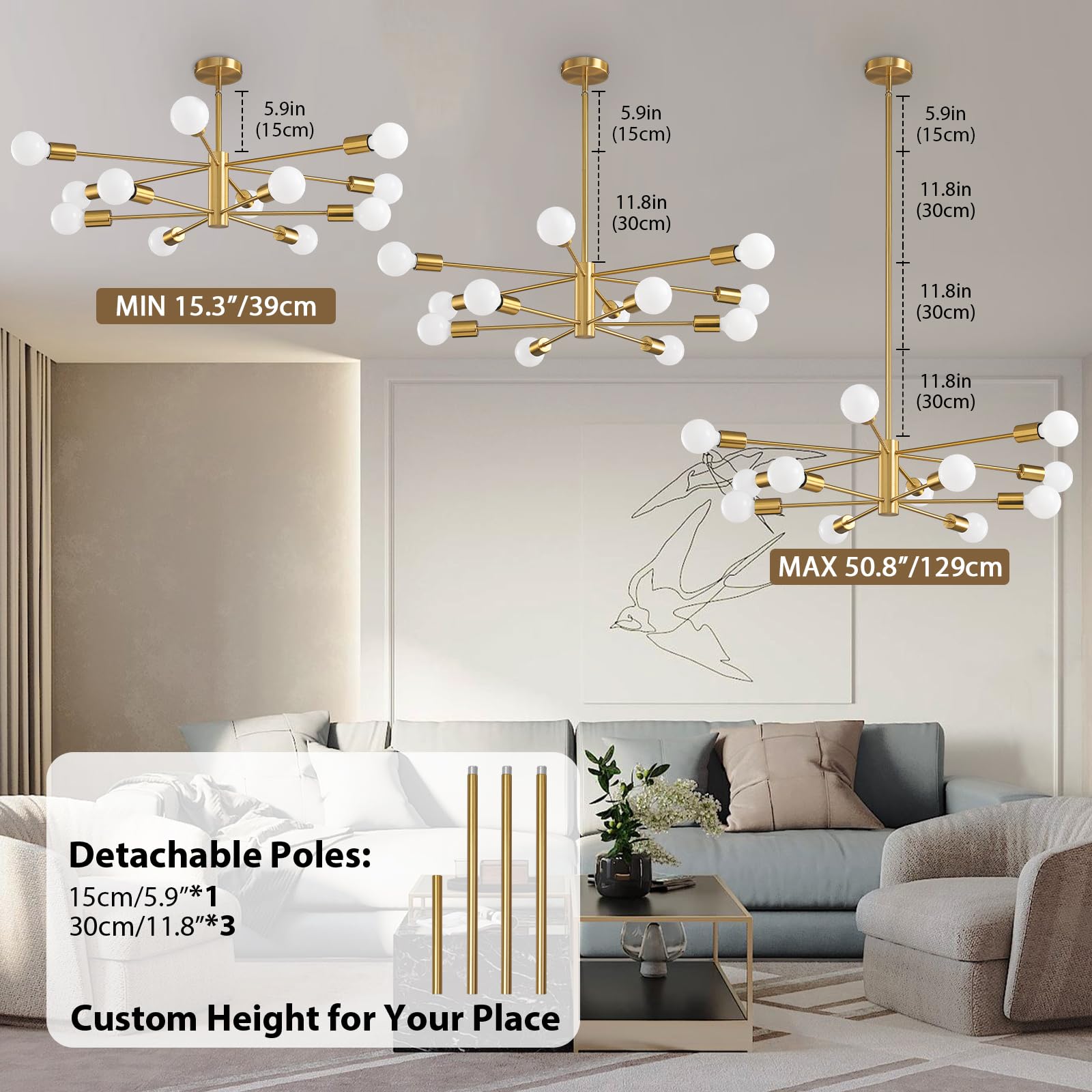 KAISITE Modern 12-Light Gold Sputnik Chandelier, Height Adjustable, Mid Century Industrial Fixture for Dining Room, Kitchen, Living Room
