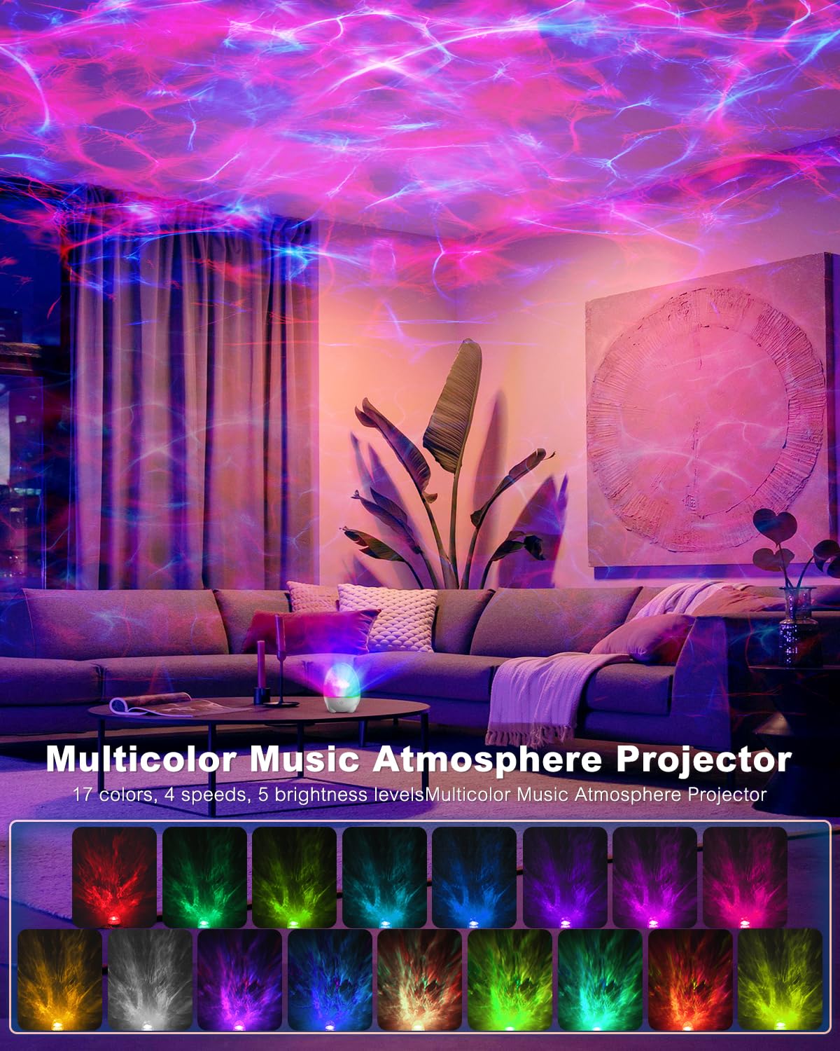 Northern Lights Projector, 17 Colors RGB Aurora Night Light Projector with Bluetooth Speaker, Dimmable Ocean Wave Projector with
