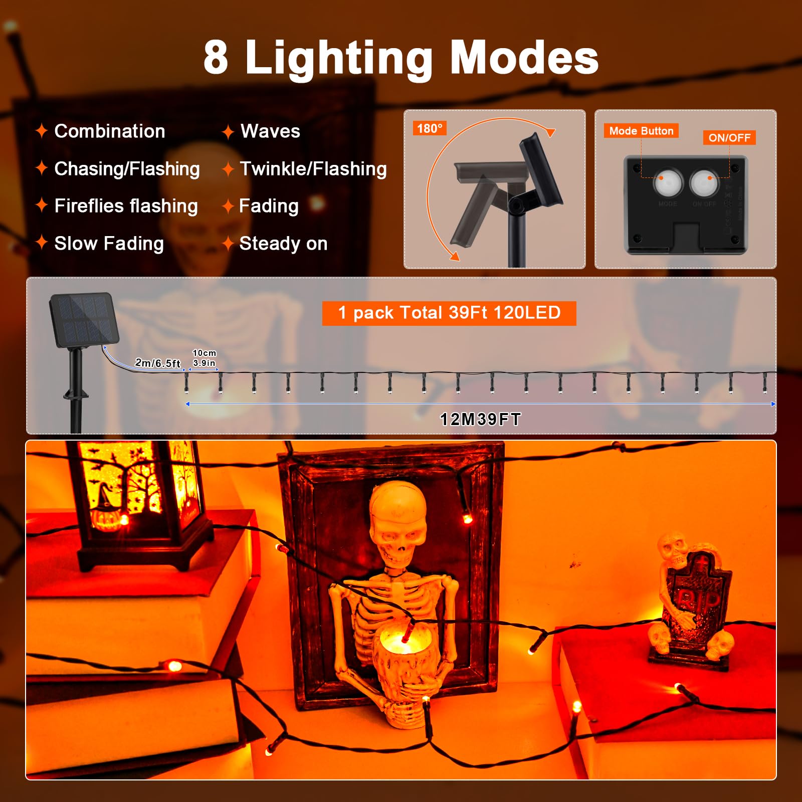 Cshare Solar String Lights For Halloween, Orange Halloween String Lights 39.4Ft 120Led 8 Modes For Garden Yard Patio Tree Christmas Deorations