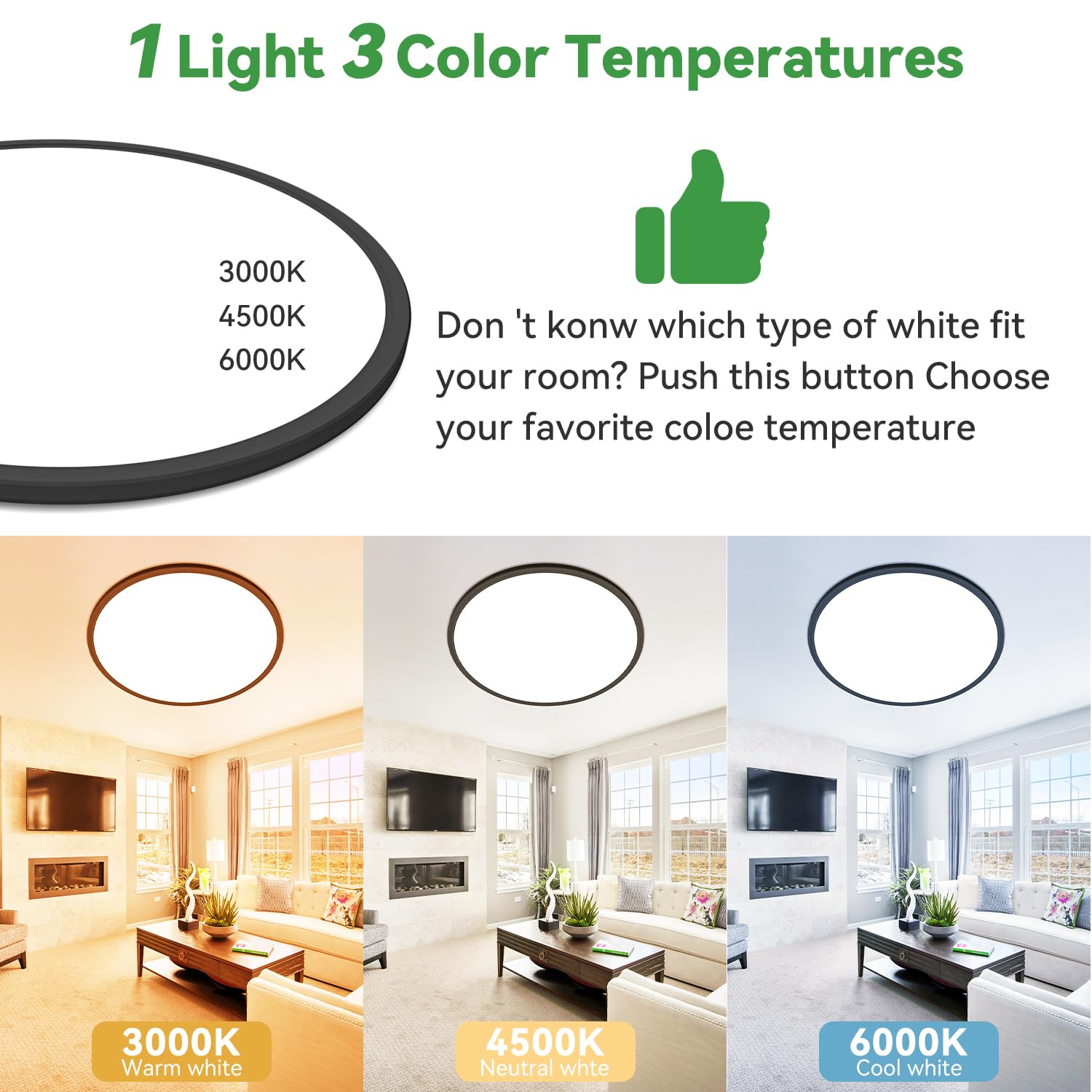 hepside 15.8 Inch Dimmable Flush Mount Ceiling Light Fixture, 3CCT 3000/4500/6000K, Black, 2-Pack, Plastic,