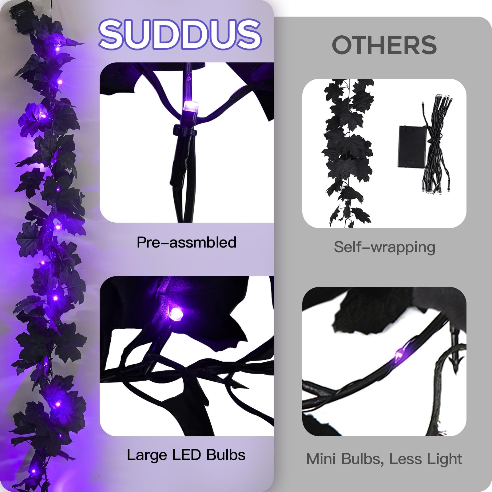 Suddus 20 Led Halloween String Lights Battery Operated With Black Maple Leaves 6.5 Ft Halloween Garland Decor For Yard, Porch, T