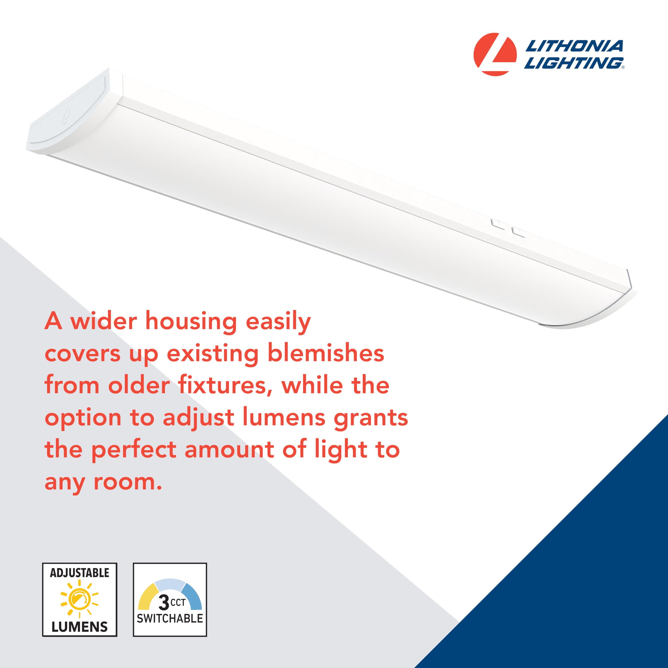 Lithonia Lighting 4 Foot Led Ceiling Light Fixture, 4 Ft Led Shop Light, Low Profile, Wide Housing Wraparound, Adjustable Lumens