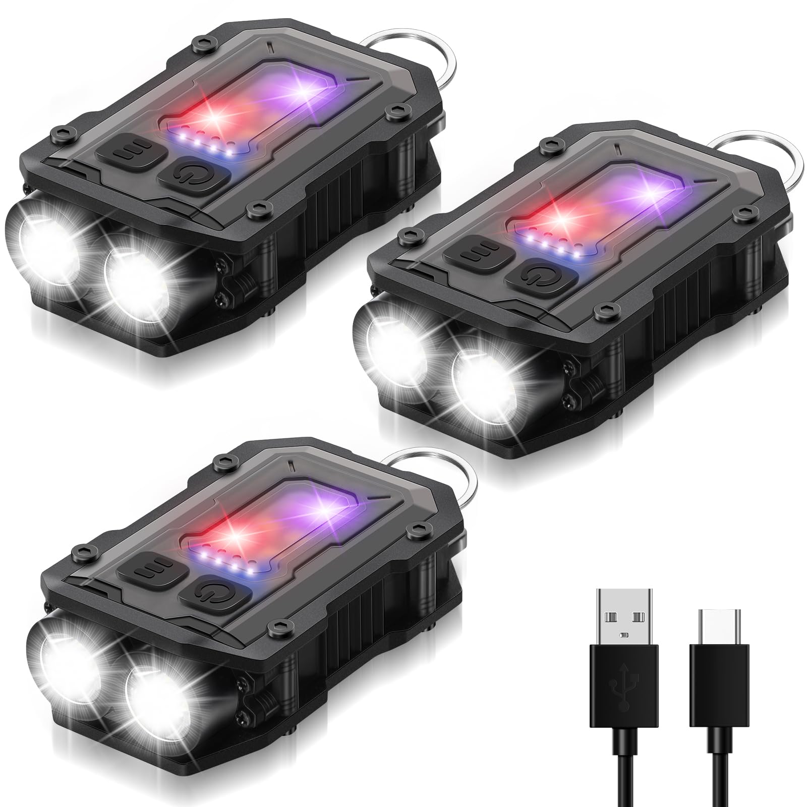 Rossesay 3 Pcs Mini EDC Flashlight Rechargeable Small Keychain Flashlight with White Red Blue Light, 800 High Lumens Pocket USB 