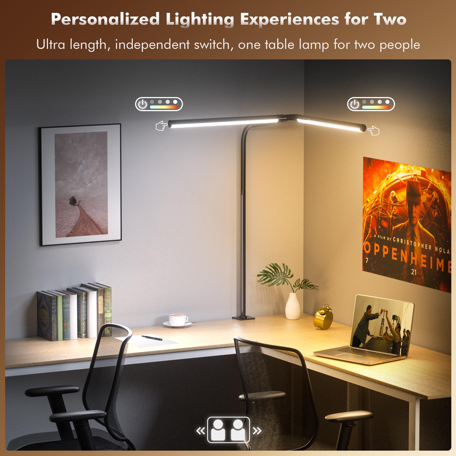 Quntis Double Head LED Tall Desk Lamp for Home Office, 31.5-inch Foldable Computer Desk Light with Clamp, Dimmable Dual Monitor