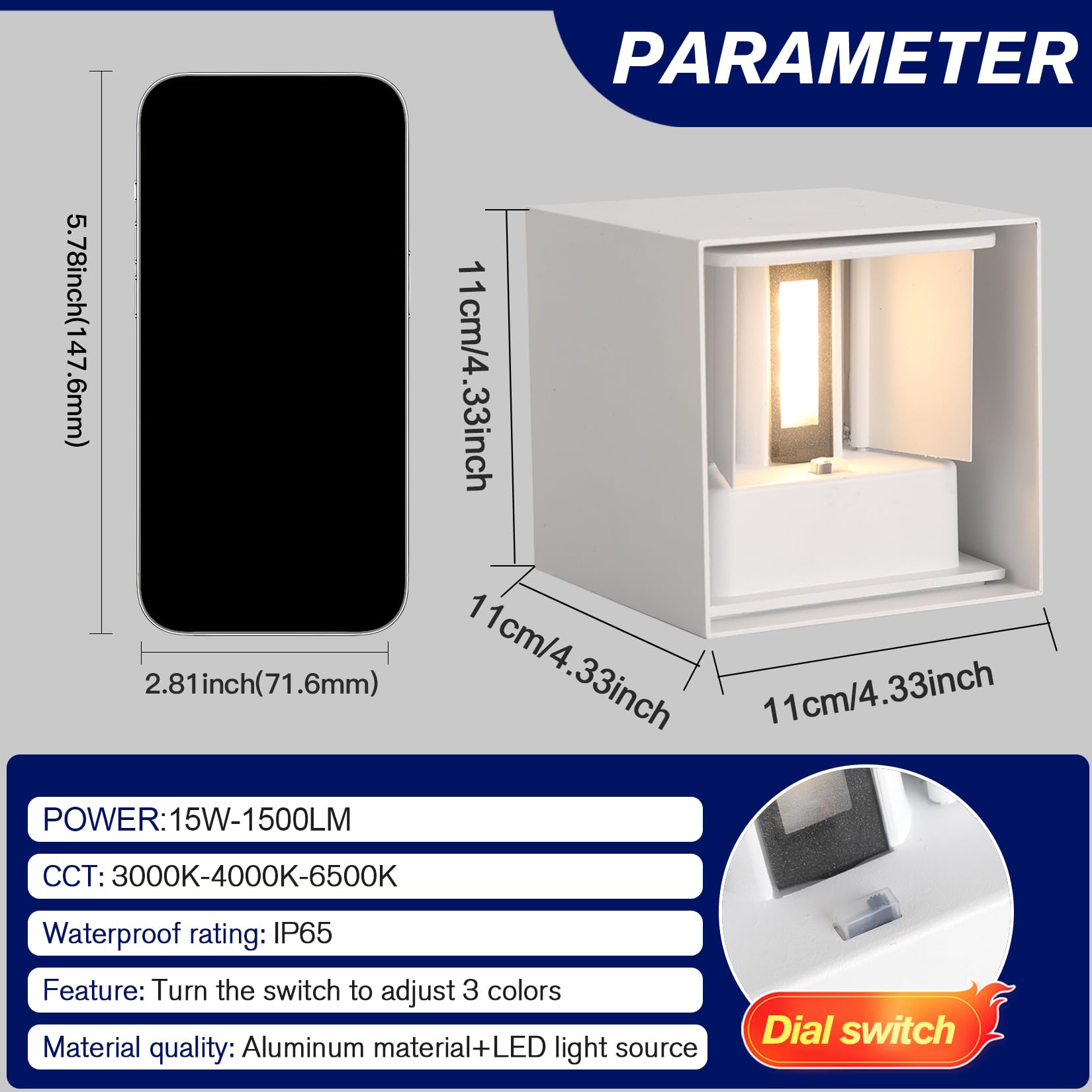 4 Pack Led Outdoor Wall Lights Exterior/Interior 3 Colors Adjustable 15W Wall Light Fixture Ip65 Waterproof Porch Exterior Wall Sconce Modern Outdoor Lighting Square Aluminum White Up And Down Lights