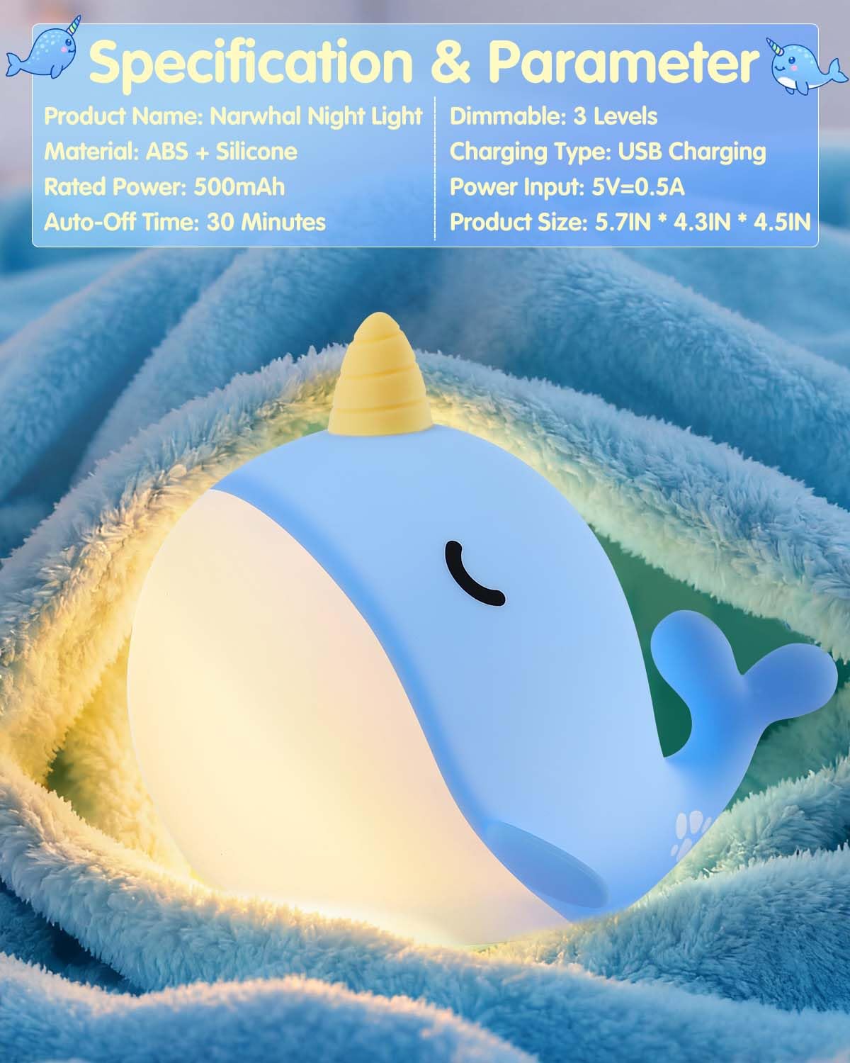 Fuloon Narwhal Night Light - Squishy Silicone Kids Lamp, USB-C Rechargeable, Blue, Small, Model DH-BFLD30