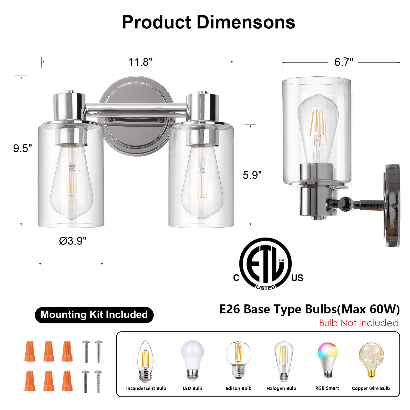 Alaislyc Chrome 2-Light Bathroom Wall Sconce With Clear Glass For Vanity & Mirror