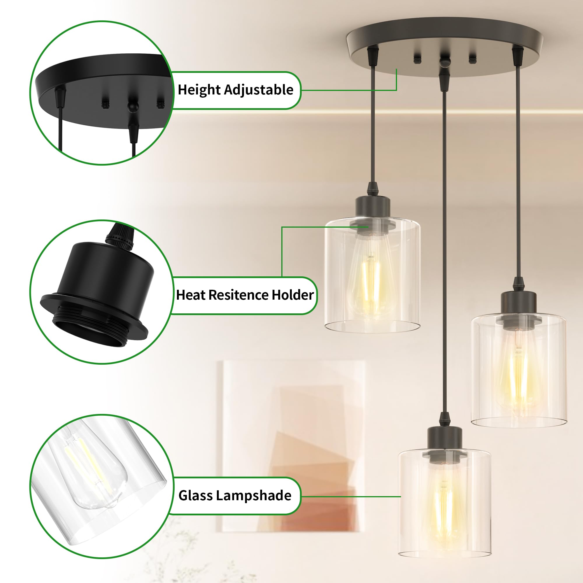 Phaosio 3-Light Pendant Lighting For Kitchen Island  Dining Room  Hallway  Foyer  Entryway  Matte Black Ceiling Light Fixture With Clear Glass And Upgraded 4.7 Shades