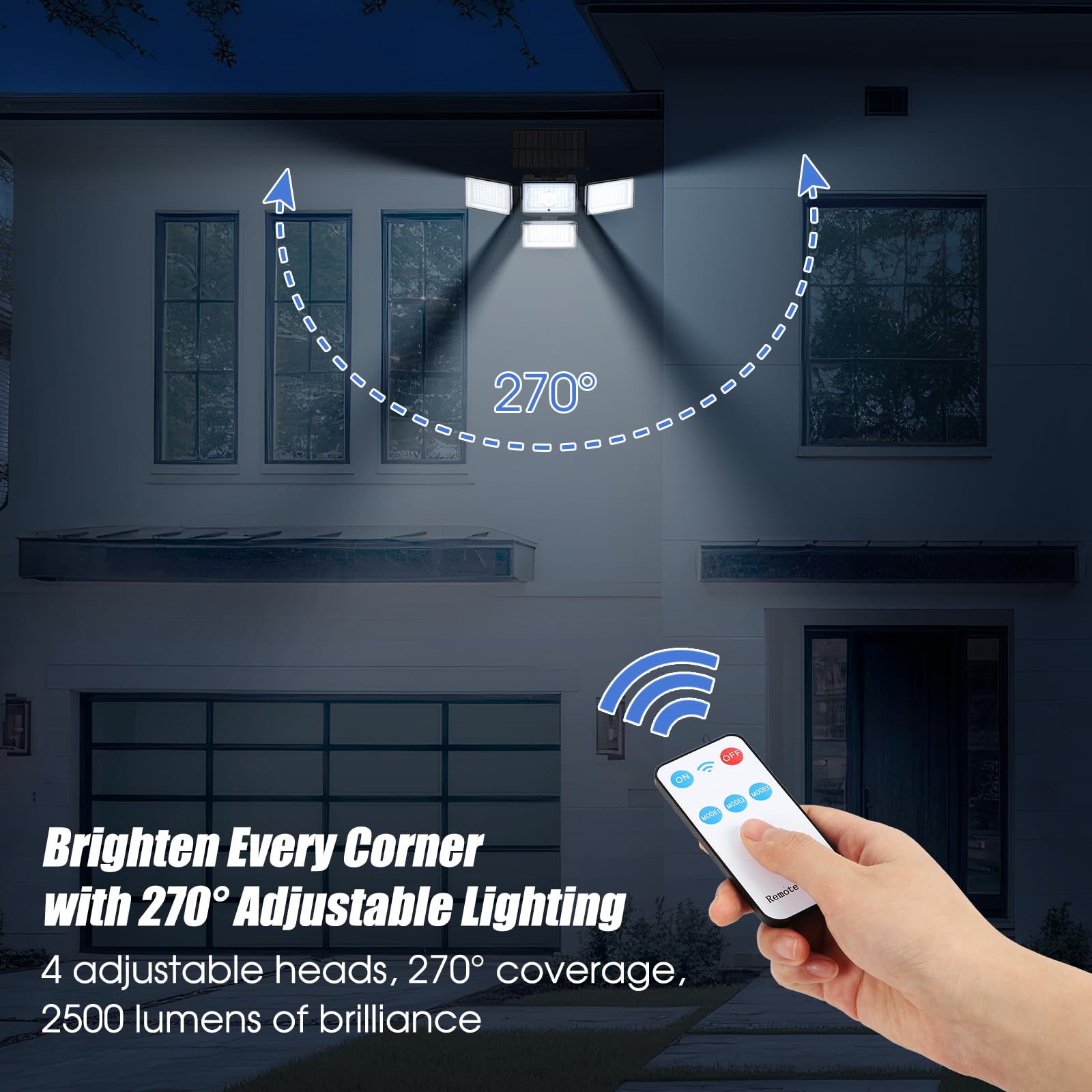 CADUKE Solar Motion Sensor Lights, 4 Heads, 2500LM, IP65 Waterproof, Remote Control, Black, 2 Pack, Model RK-Solar Light
