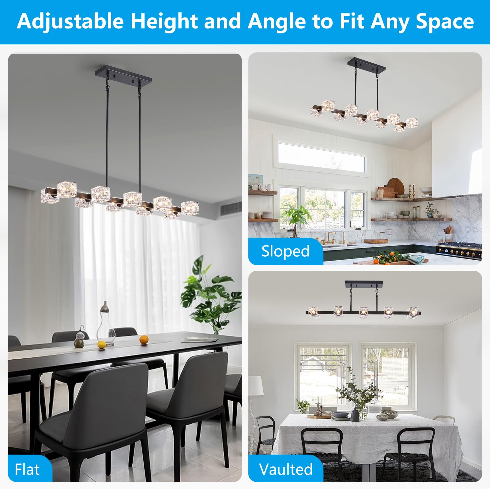 Xingqi Kitchen Island Light Fixture Black Large Rectangular Chandeliers 10 Lights For Dining Room, Modern Chandelier With Glass