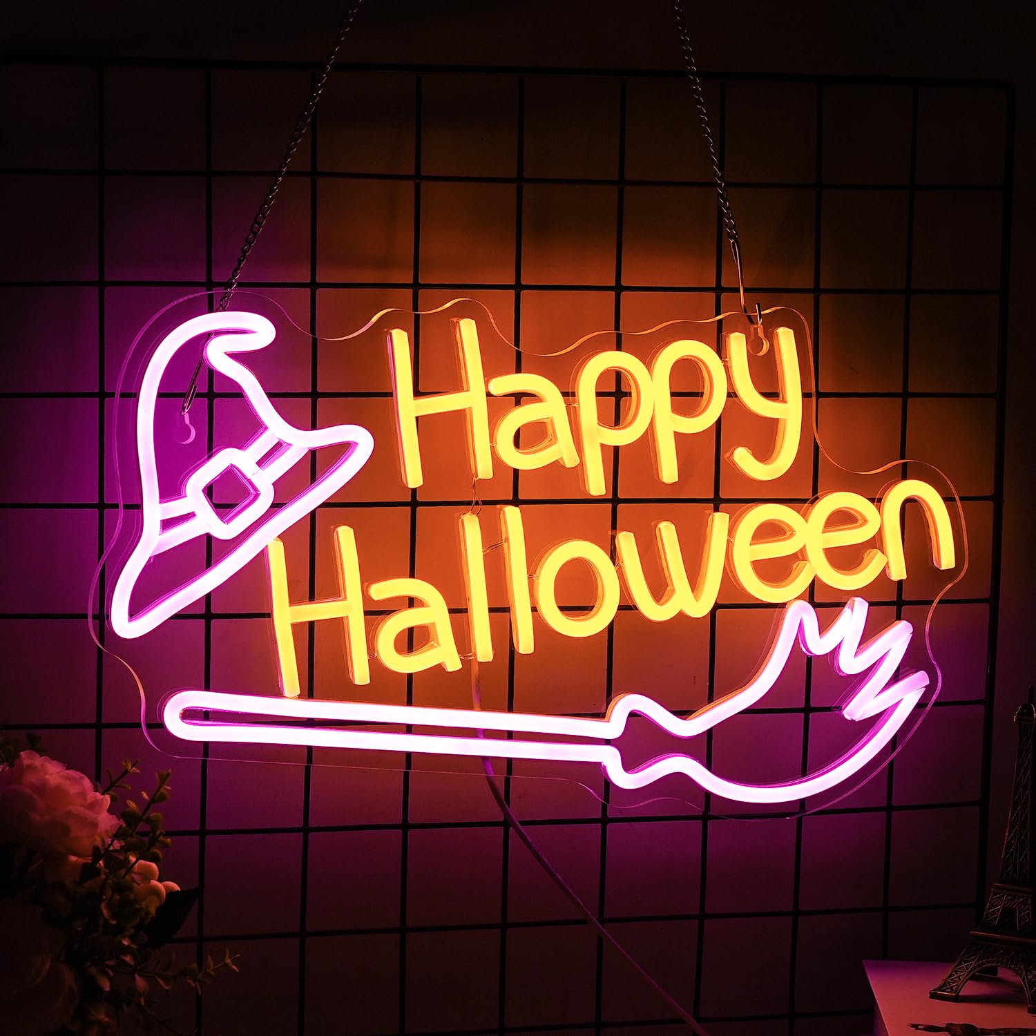 LISIGNVE Neon Witch Hat Sign - Dimmable LED Wall Decor for Halloween - Pink & Yellow