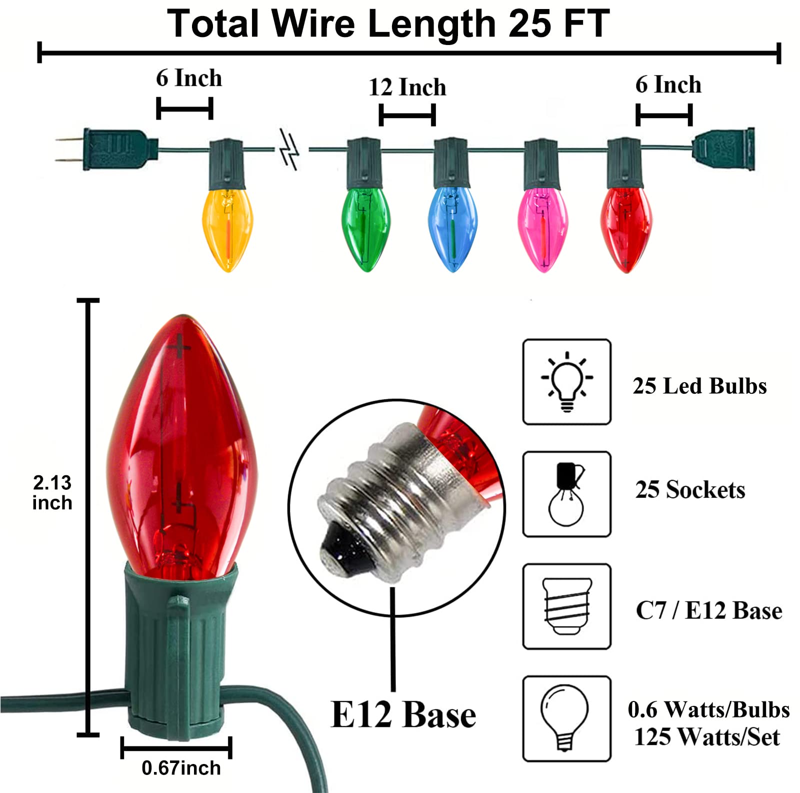 C7 Christmas Lights Multicolor 25Ft Outdoor Patio String Light With 27 Led Clear Multicolor Bulbs, Vintage Christmas Lights For