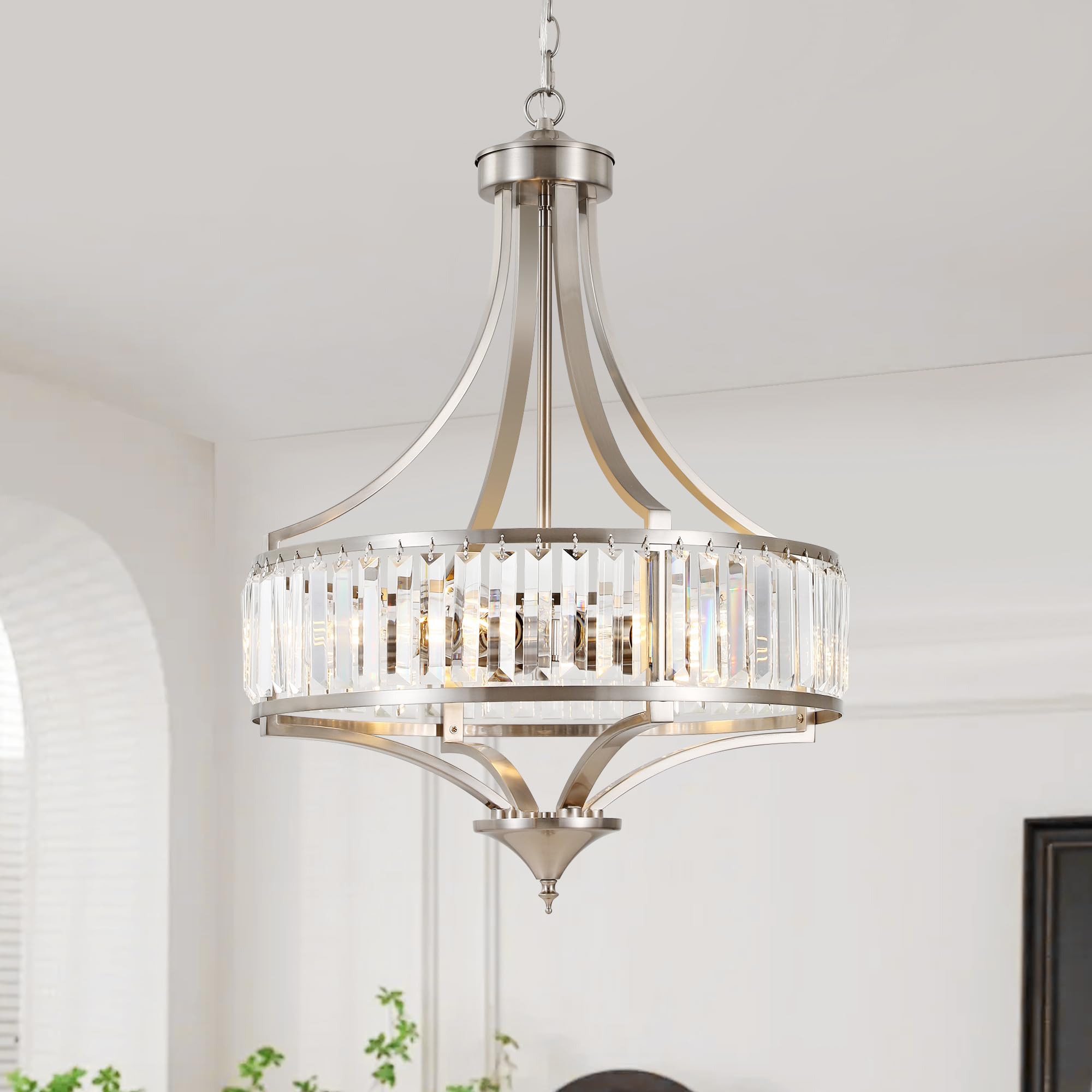 Cnratye 20'' Brushed Nickel Chandeliers For Dining Room, 5-Light Modern Crystal Chandelier For Entryway, Hanging Round Light Fix