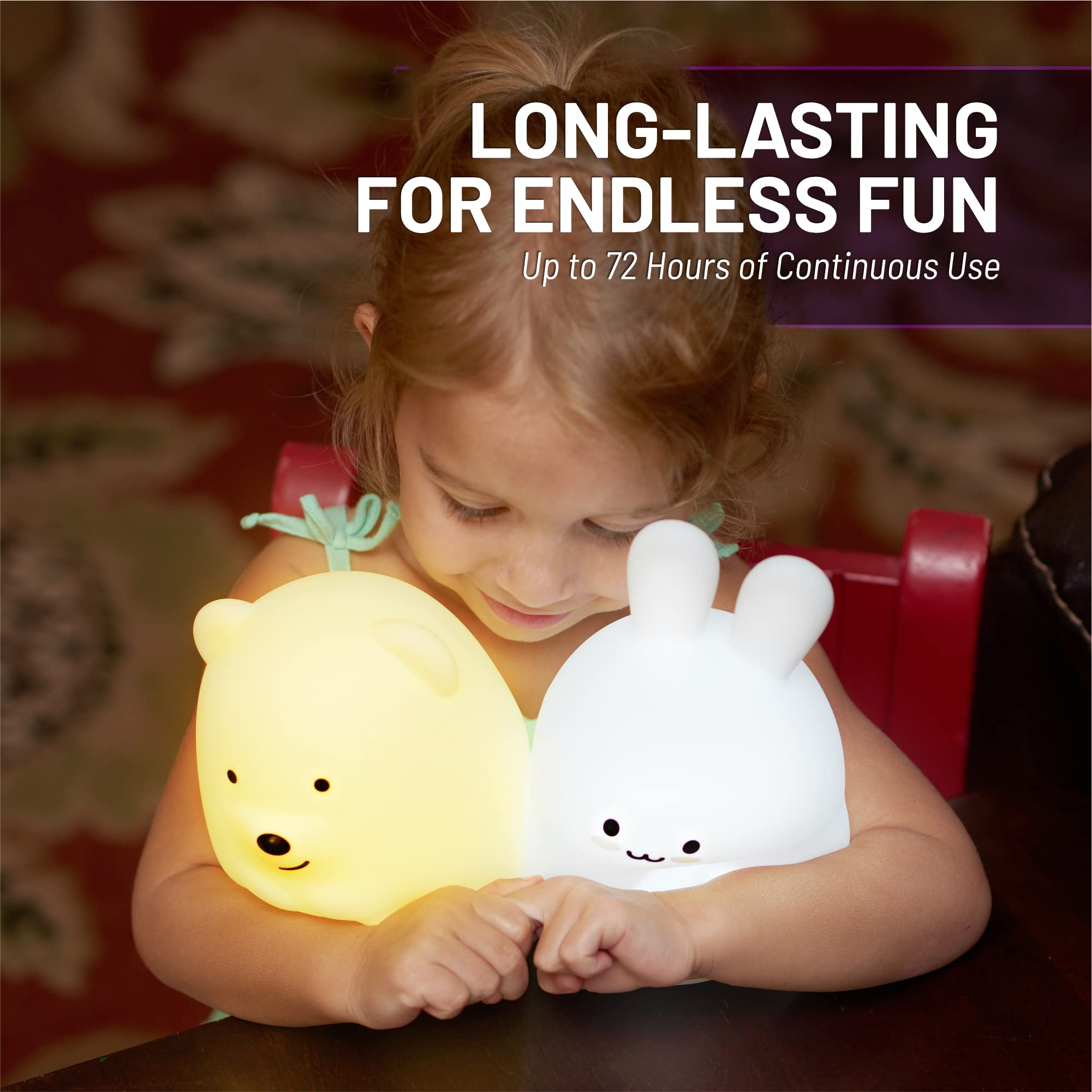 Lumipets Silicone Night Light for Kids, Bear - 9 Soft Colors, Remote Sleep Timer - Rechargeable, Battery-Operated Light for Todd