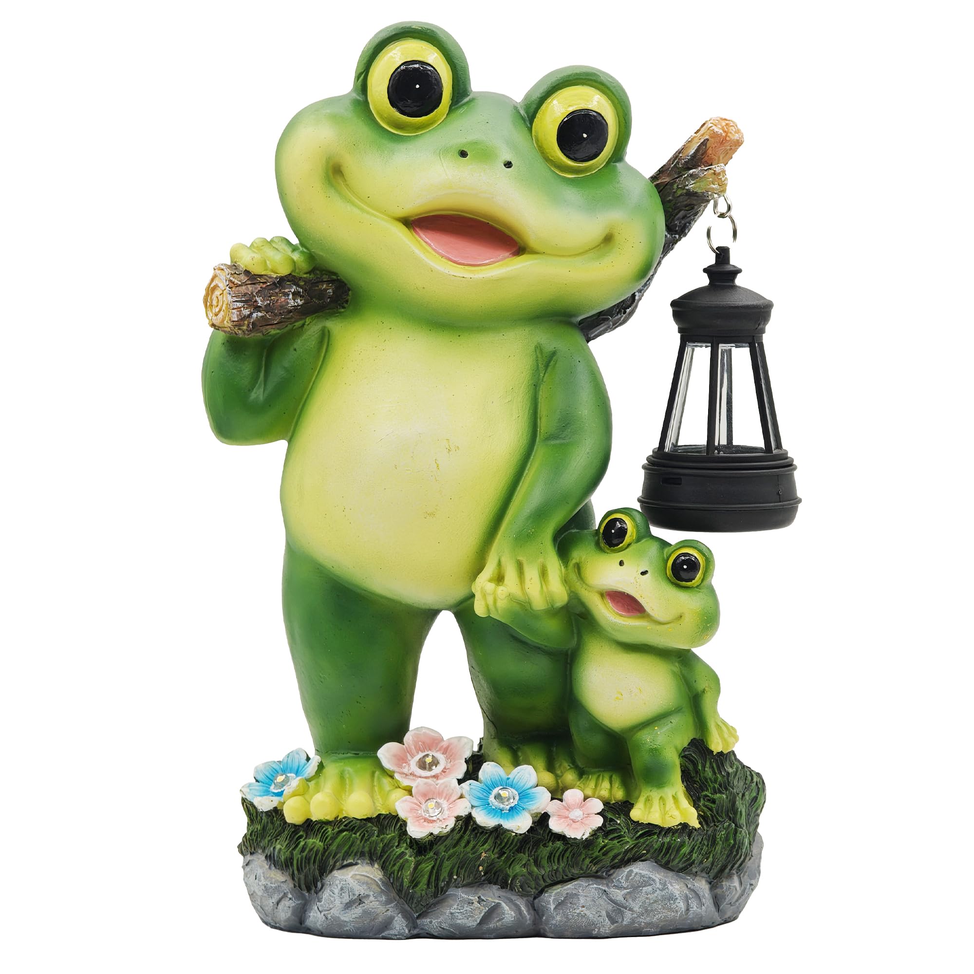 CFFOWNUG Outdoor Frog Garden Decor - 10in Solar LED Lantern Statue, Resin, Frog Color, Model CF-FLOG002