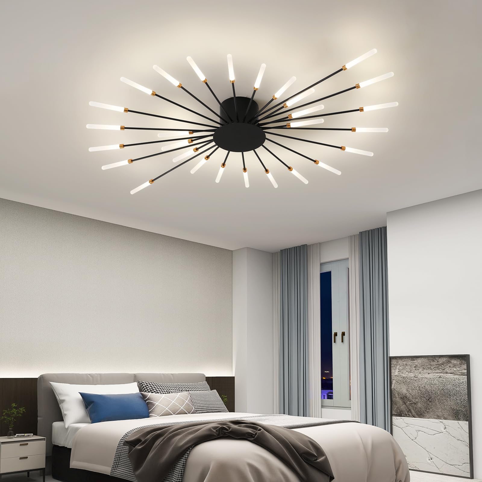 Ziidoo Modern Ceiling Light Fixtures  28 Lights Metal Firework Designed Chic Led Lighting For Farmhouse Kitchen Dining Room Bedroom Hallway Living Room (Black)