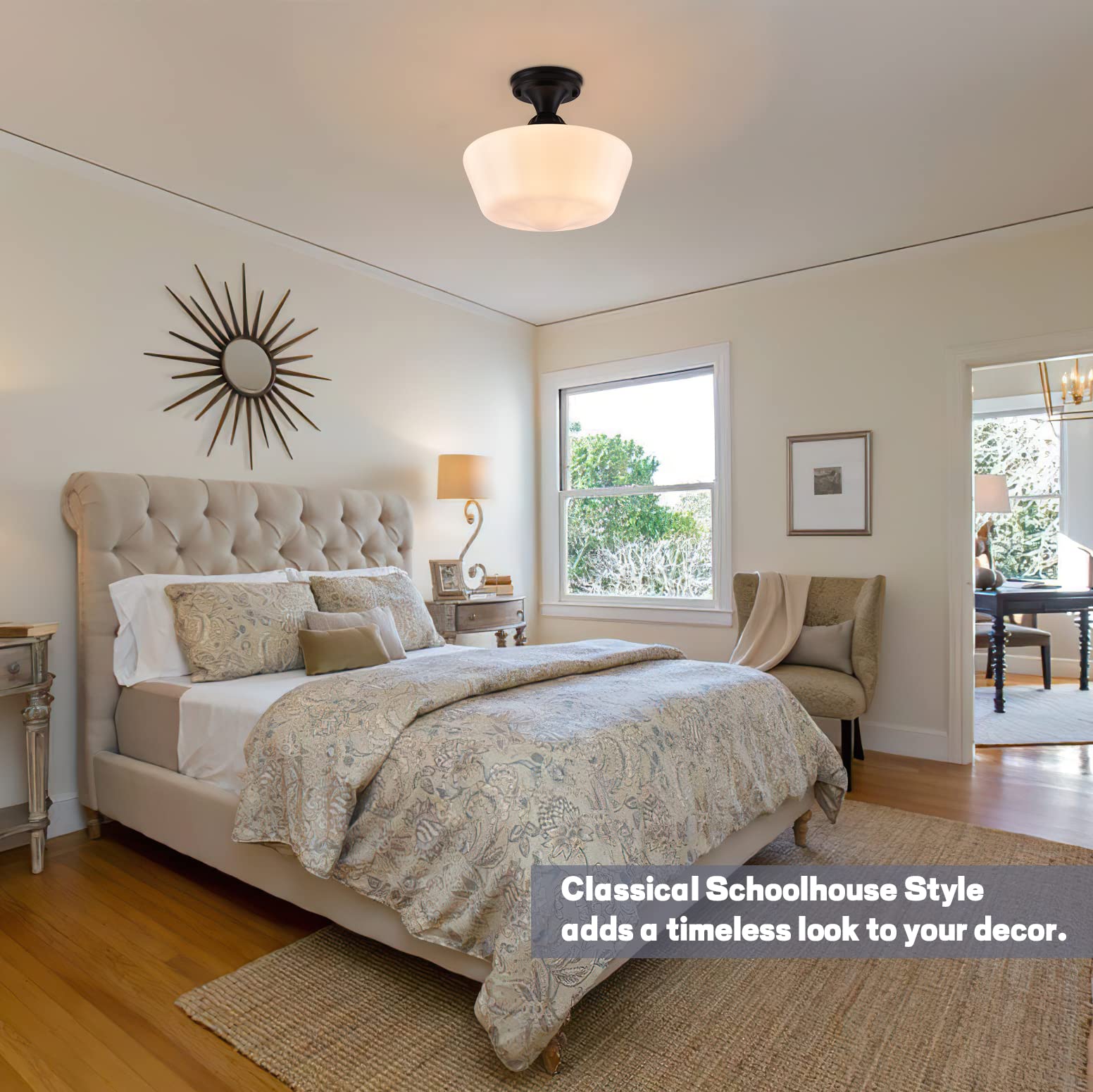 Ayshwilldec 12'' Mid Century Black Semi Flush Mount Light Fixture With Milk Glass, Led Bulb