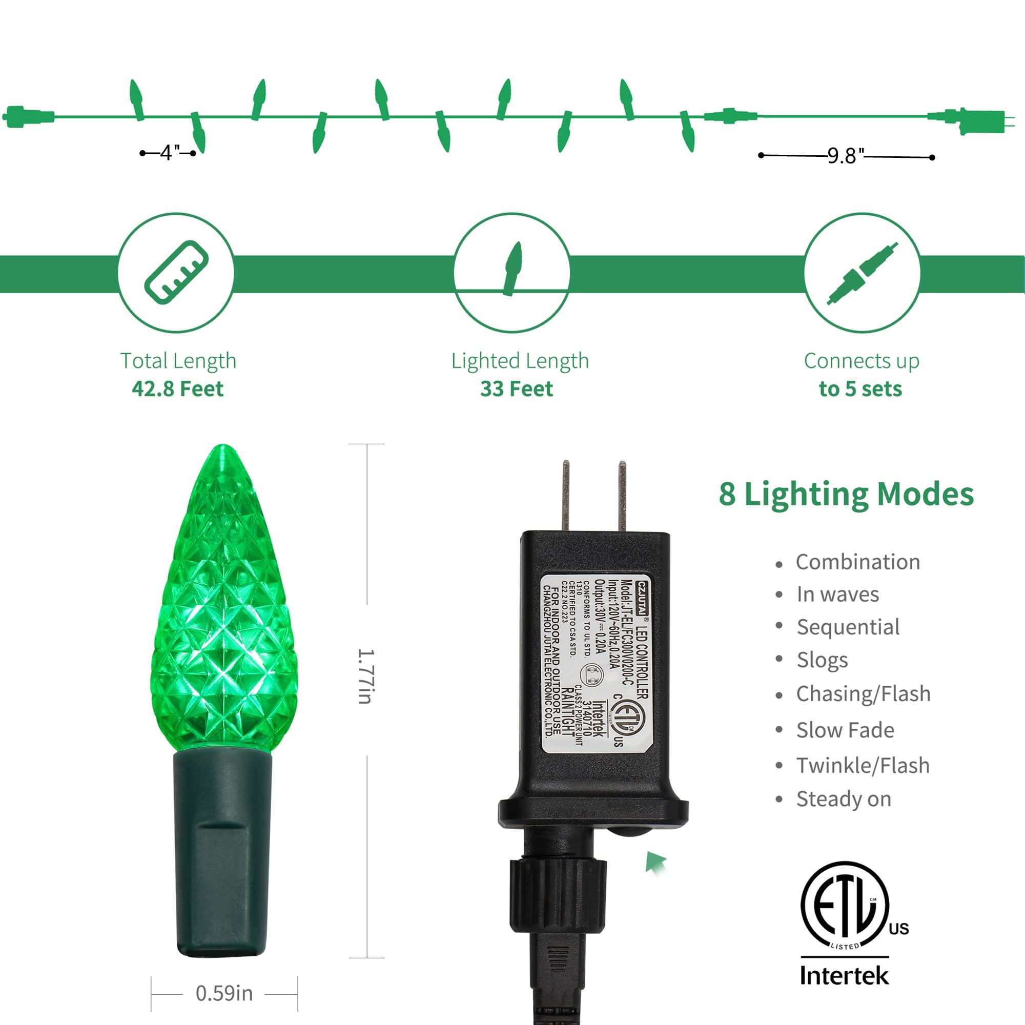 WATERGLIDE 33ft 100 LED Christmas Lights, Green Wire, 8 Lighting Modes, Waterproof Fairy Lights for Indoor Outdoor Decor