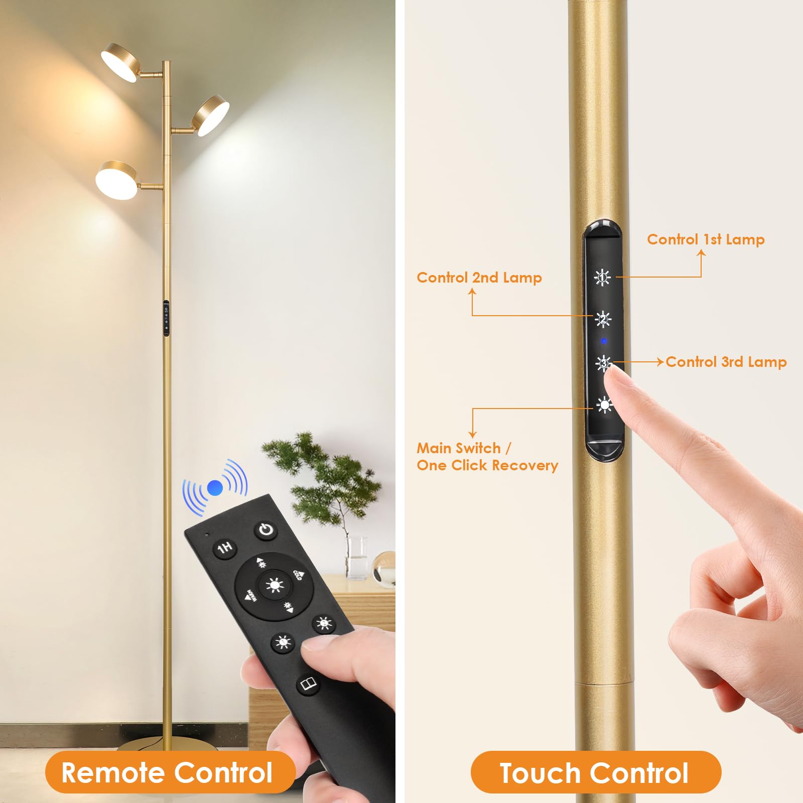 JUNNAI Gold Floor Lamp - Modern LED Tree Lamp with Remote, Dimmable, 4 Color Temperatures, 3 Adjustable Lights for Living Room, Bedroom, Office