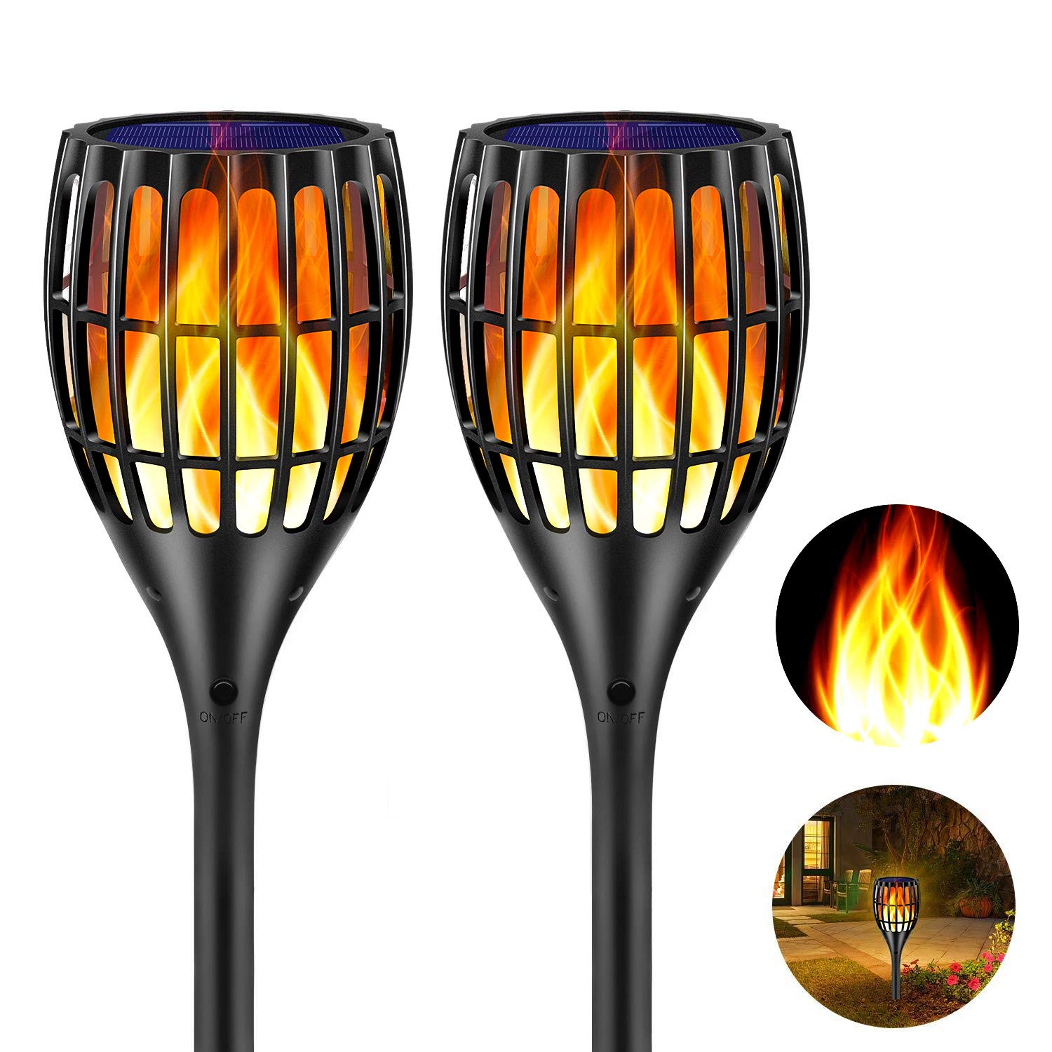 Ollivage Solar Torch Flame Lights, Waterproof Flickering Flames, 43" Outdoor Garden Lights, 2 Pack, Black