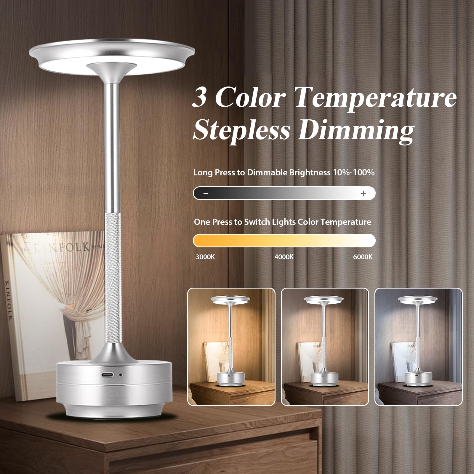 Jdvads Cordless Table Lamps 2 Pack Rechargeable, Portable 5000Mah Battery Table Light,3 Color Stepless Dimming Led Table Light,