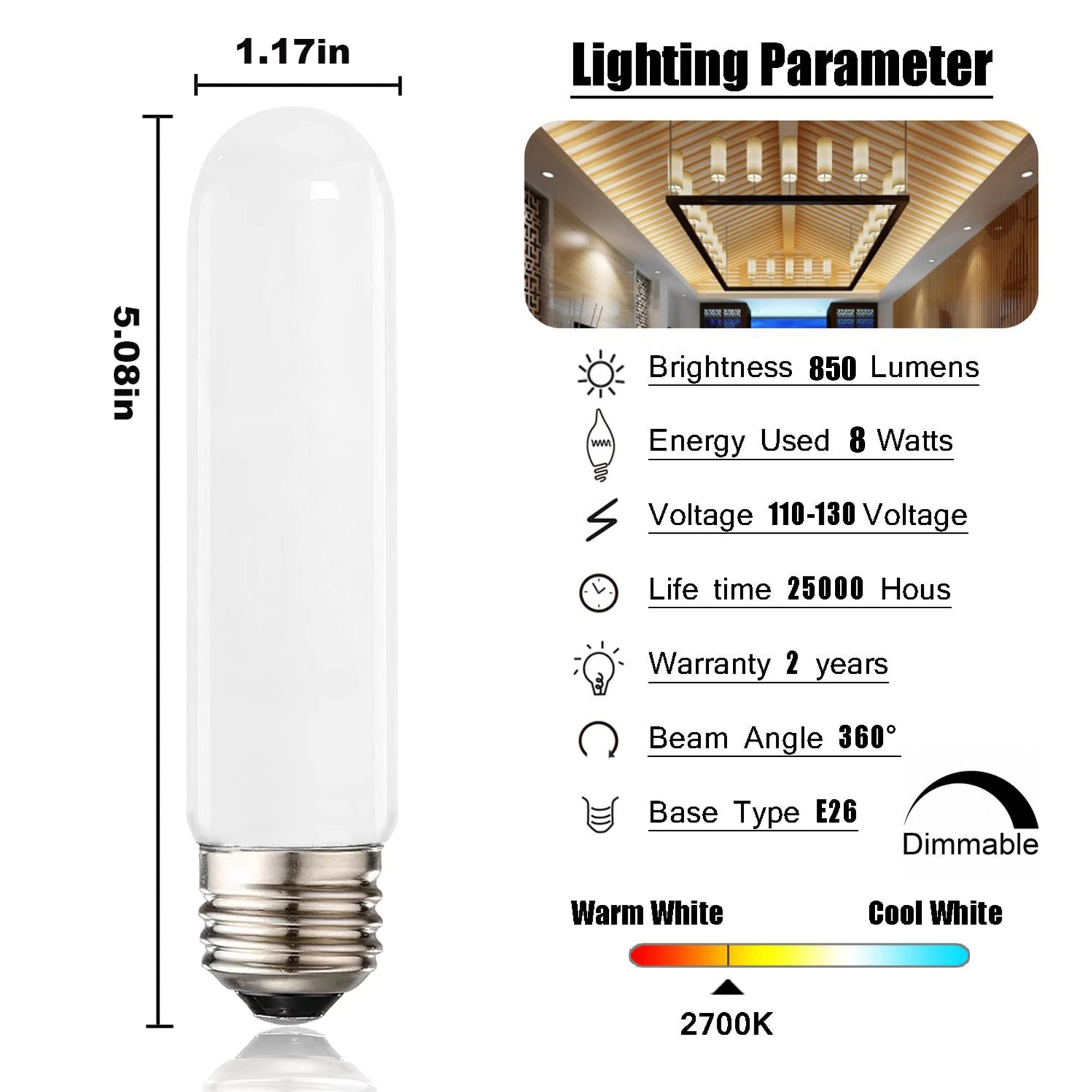 Xininsun Frosted T10 Led Bulb, Dimmable T10 Frosted Led Light Bulbs,8W Led Tube Bulbs, 60-75 Watt Equivalent,2700K Warm White,E2