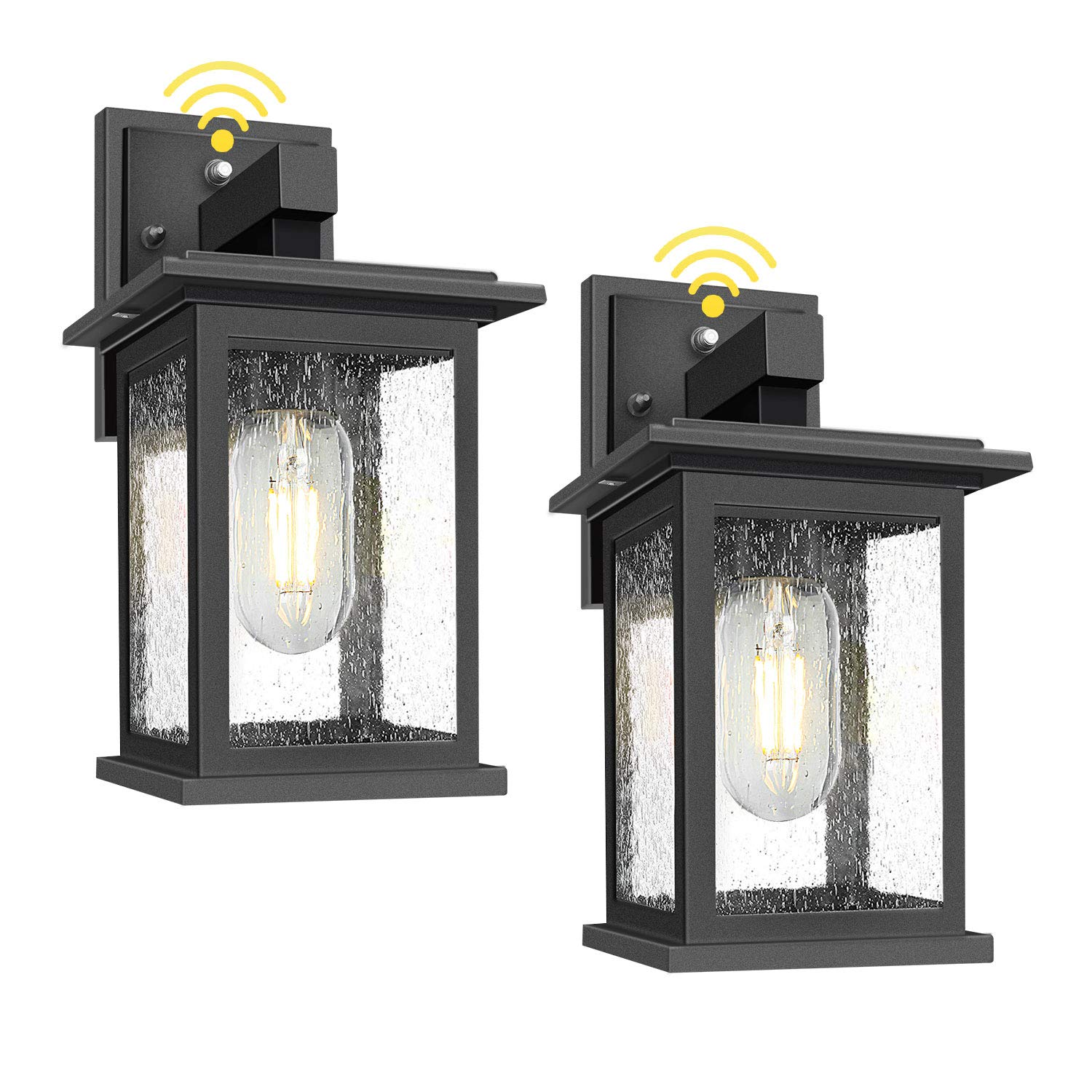 Tobusa 2-Pack Outdoor Wall Lanterns, Dusk To Dawn Sensor, Waterproof Black Sconce, Seeded Glass