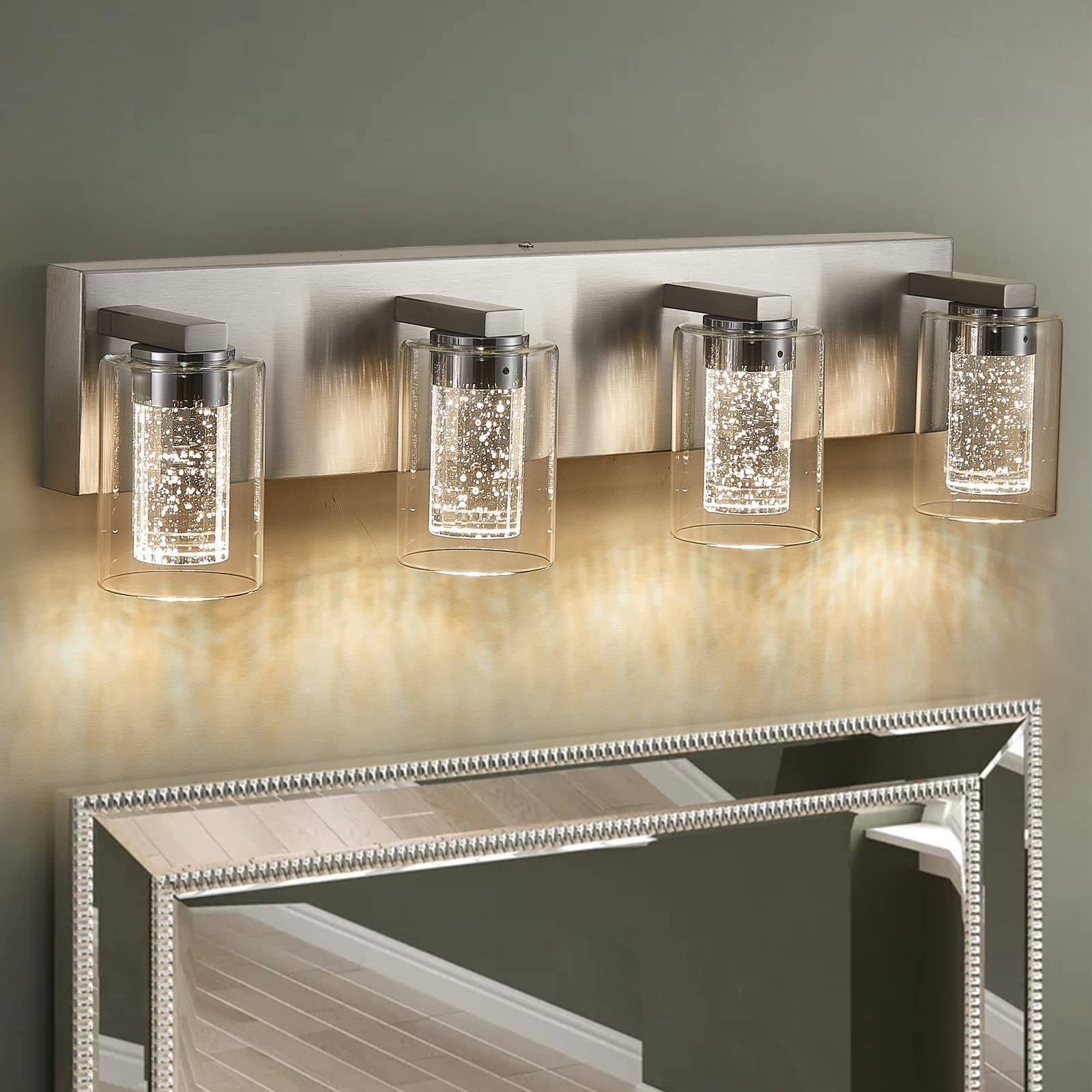 Yenlacy Bathroom Vanity Light, 4-Light Brushed Nickel, Dimmable 3-Color Crystal Bubble Glass