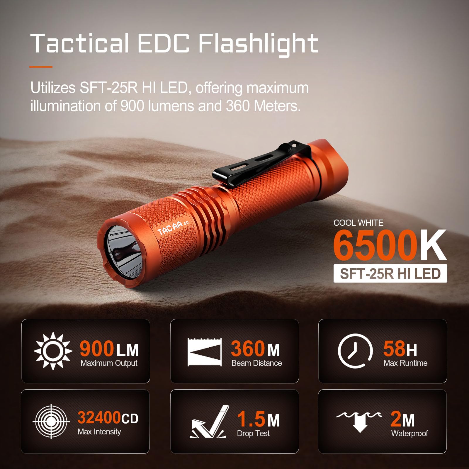 ACEBEAM TAC AA 2.0 Tactical EDC Flashlight, 900 Lumens, 360m Range, Rechargeable, Aluminum, Orange, Compact Design