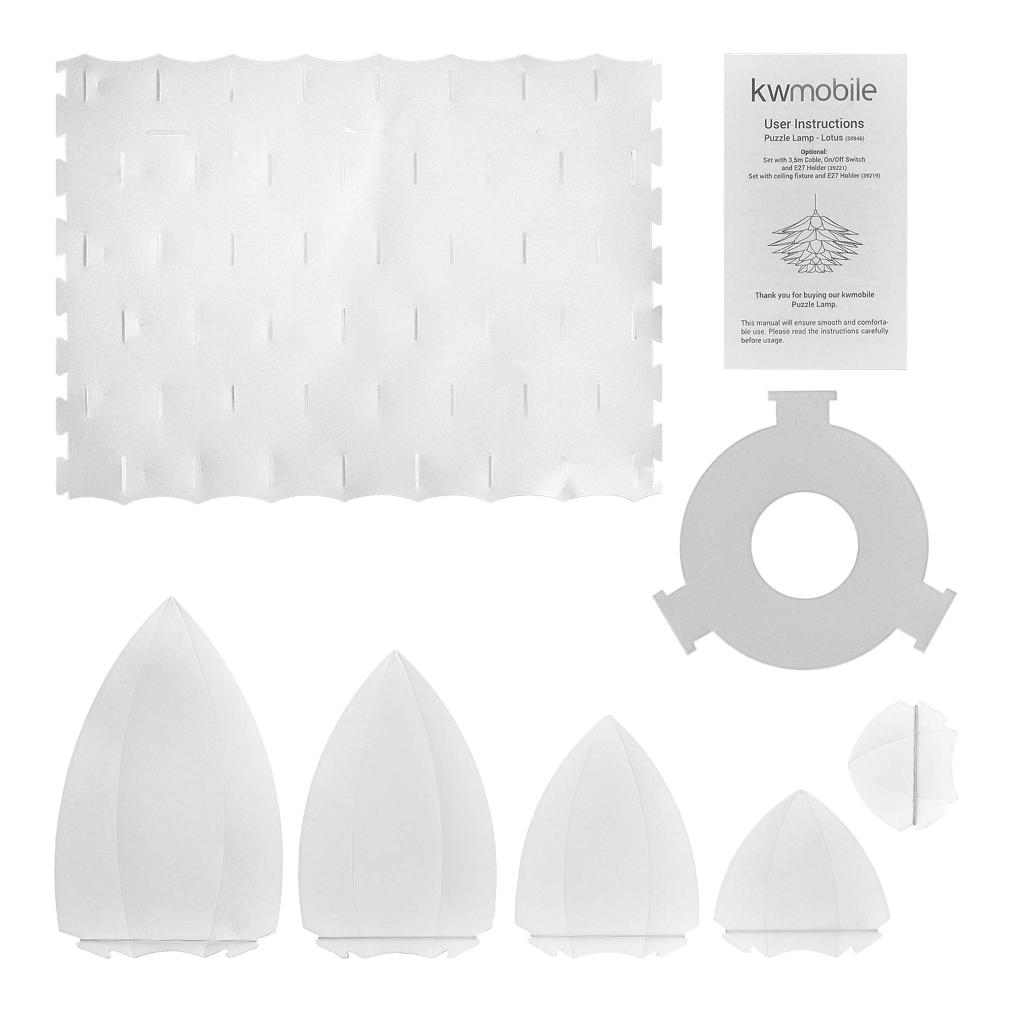 kwmobile Puzzle Pendant Lamp Shade - Lotus Flower DIY Kit - 20" White Polypropylene, Model 38946_m000096