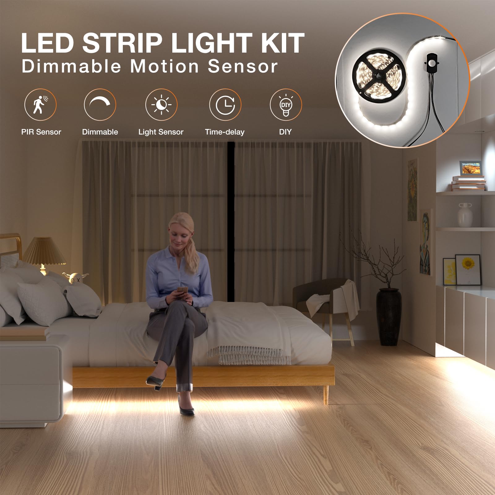 Sensky Dimmable Motion Sensor LED Strip Light Kit, 8.2FT, Cool White, FCC Listed Power Adapter for Under Cabinet Lighting