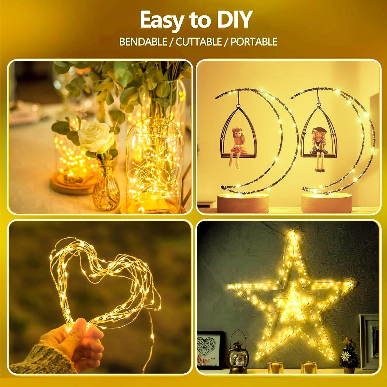 EXF 4-Pack Battery Operated Fairy Lights, Waterproof 16FT, 50 LED, Warm White, Copper, Model YHY-BO50LED