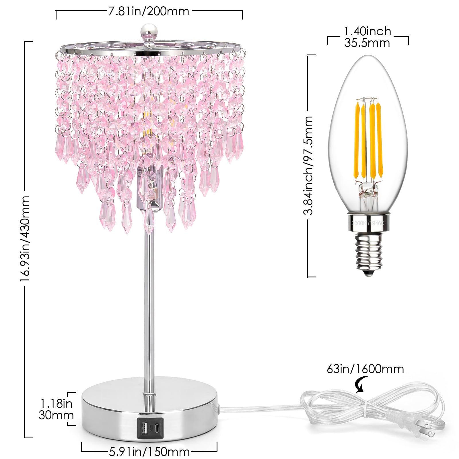 Crystal Touch Control Table Lamp With Dual Usb Charging Ports, 3 Way Dimmable Bedside Lamp With Pink Shade, Decorative Nightstan
