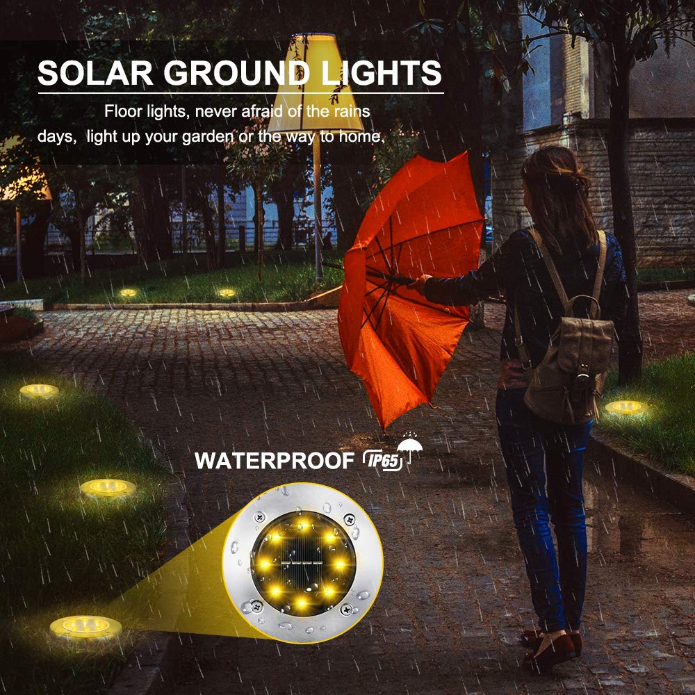 LYHOPE Solar Ground Lights, 8 Pack LED Disk Lights, Waterproof for Lawn, Yard, Deck, Warm White, Stainless Steel