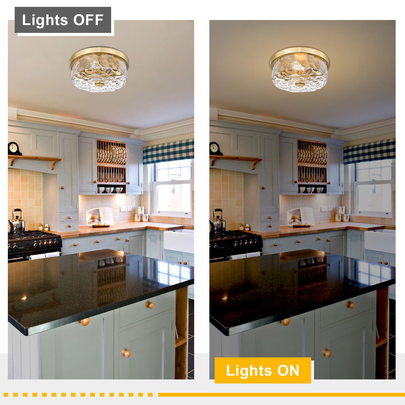 Luminzone 2-Light Flush Mount Ceiling Light, Brushed Gold Iron with Water Ripple Glass Shade, Model 7J10F BG+WG for Bedroom & Living Room