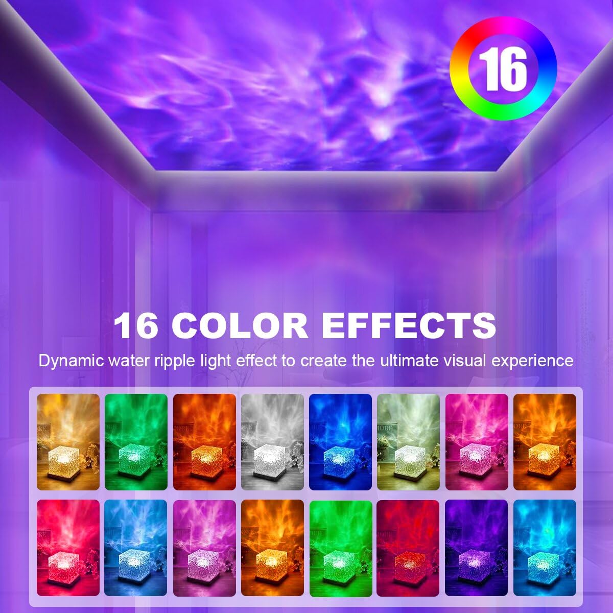 Tgywchy Ocean Wave Projector Lamp,Northern Lights Aurora Projector Light,16 Colors Gradual Rotating Flame Water Lamp,Cube Night
