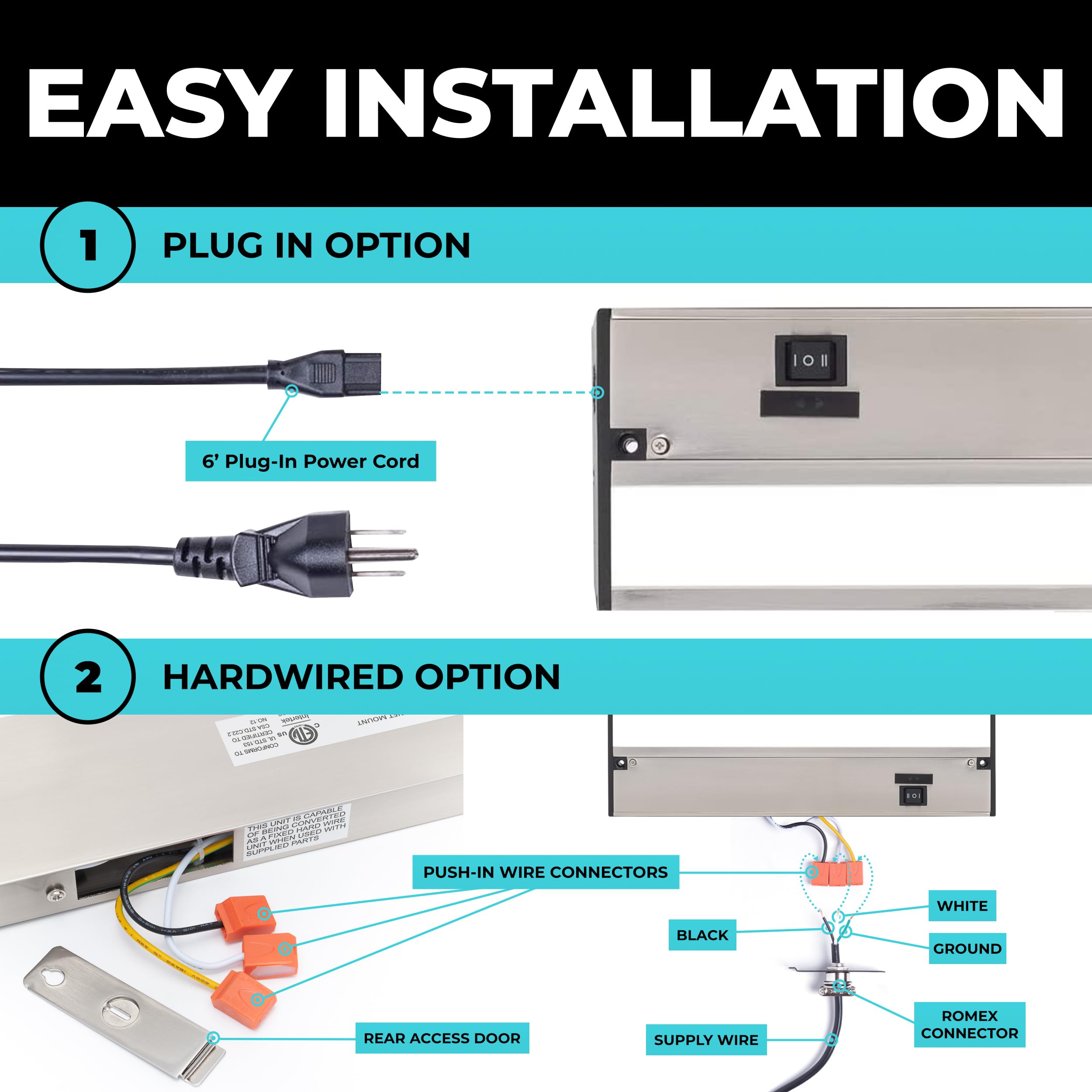 Led Under Cabinet Lighting Hardwired - 3Cct 40 Inch Satin Finish - Undercabinet Lights For Kitchen - Linkable Undercounter Dimmable Plug In Light Or Hard Wired - Under Counter Fixture Direct Wire