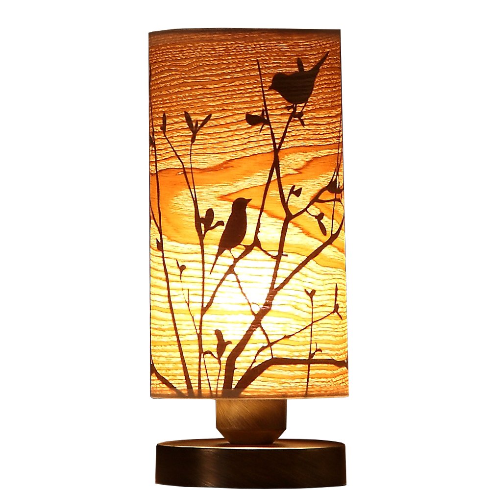 Bieye L10272 Birds in The Tree Wooden Style Table Lamp Night Light with Wood Lampshade Bronze Metal Base for Bedside Bedroom Liv