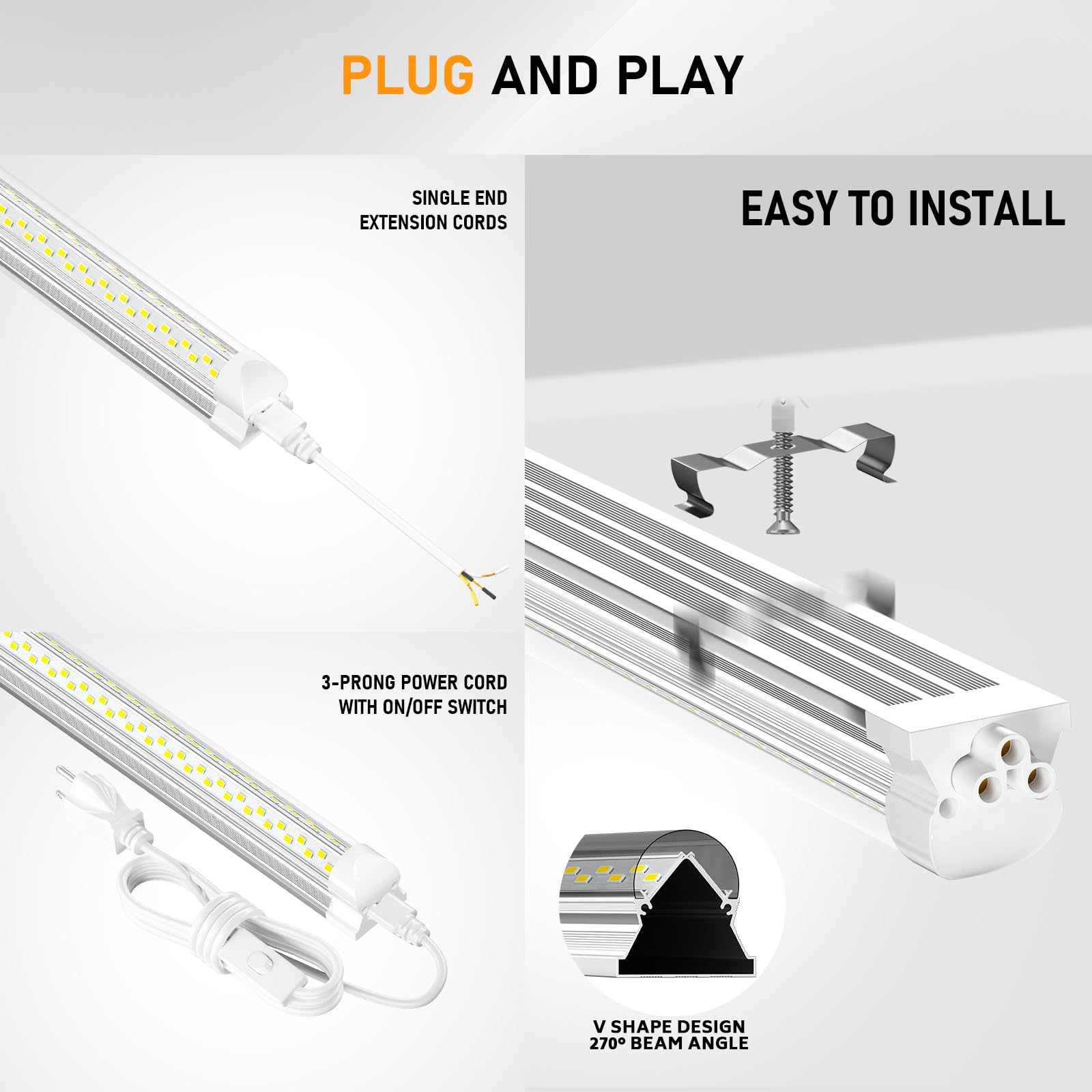 Onlylux 8Ft Led Shop Light, 8' 100W 15000Lm 6000K (12 Pack), 8 Foot Linkable Led Shop Lights With Plug Fixture For Garage Workshop, T8 Led Tube Lights, High Output,