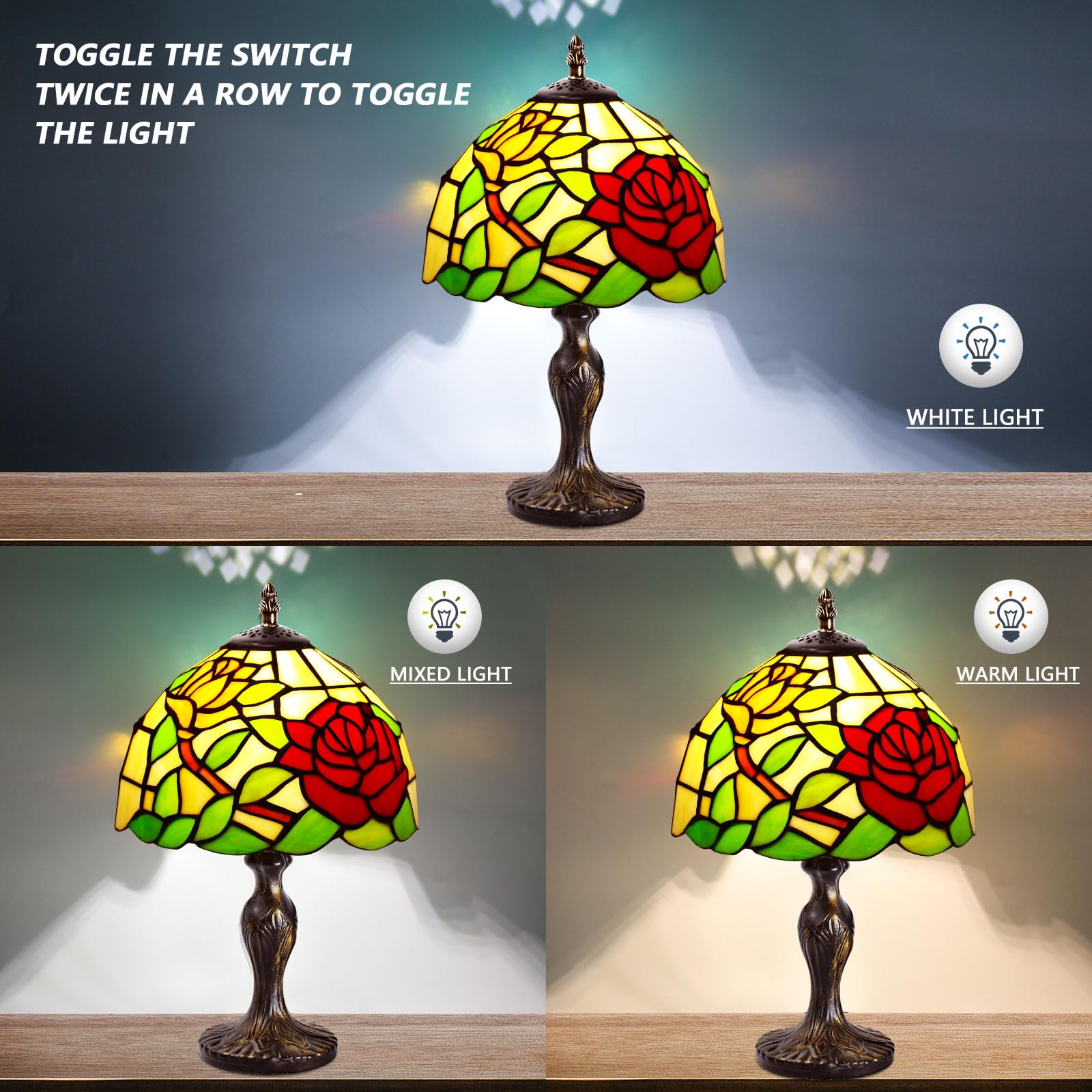 MIAOKE Stained Glass Table Lamp, Handmade Antique Light, Crystal Bead Style, A Rose