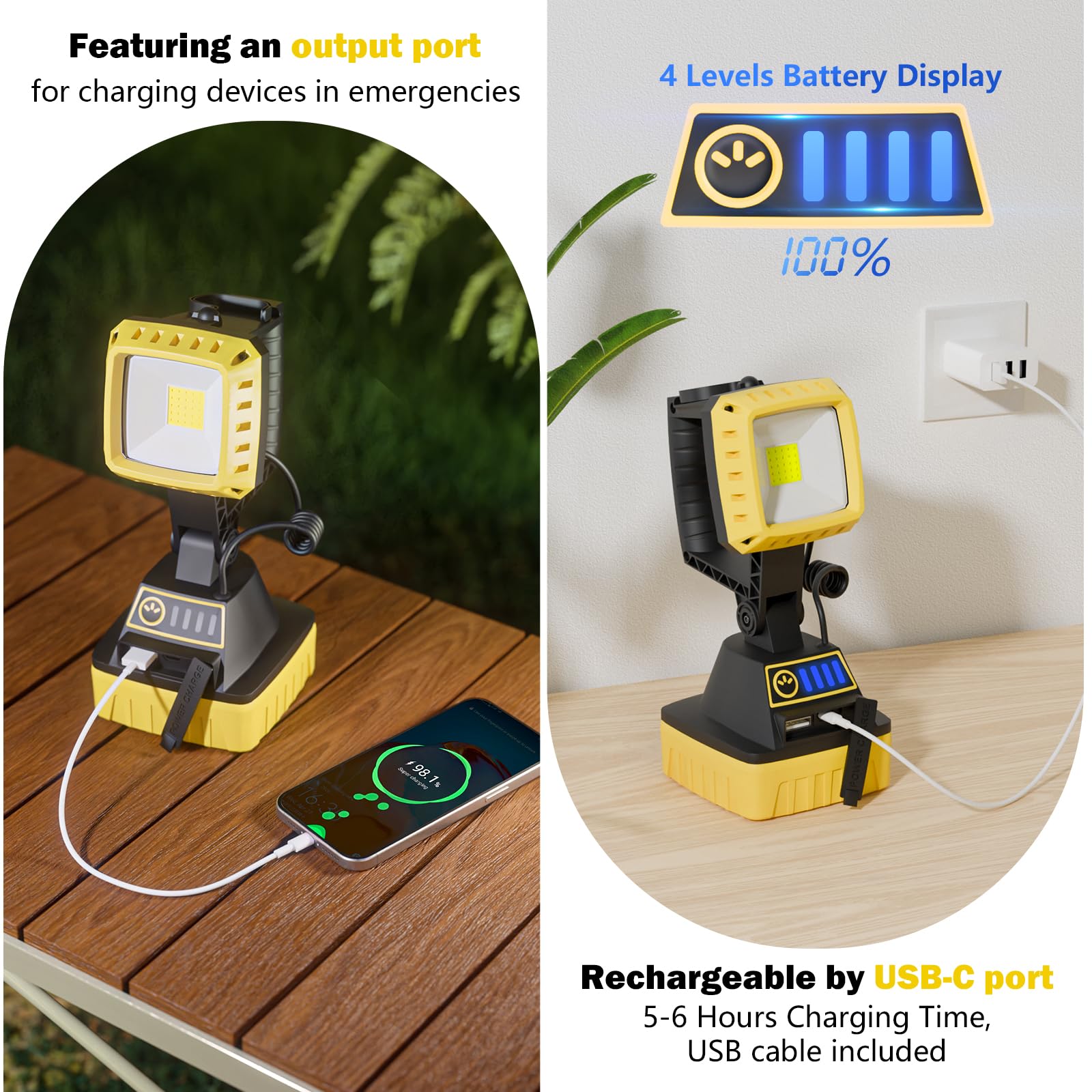 Wenfeng Rechargeable Led Work Light 6000 Lumen, 3 Modes Rotate Spotlight Flashlight, Magnetic Base And Hook Mechanic Light, Wate