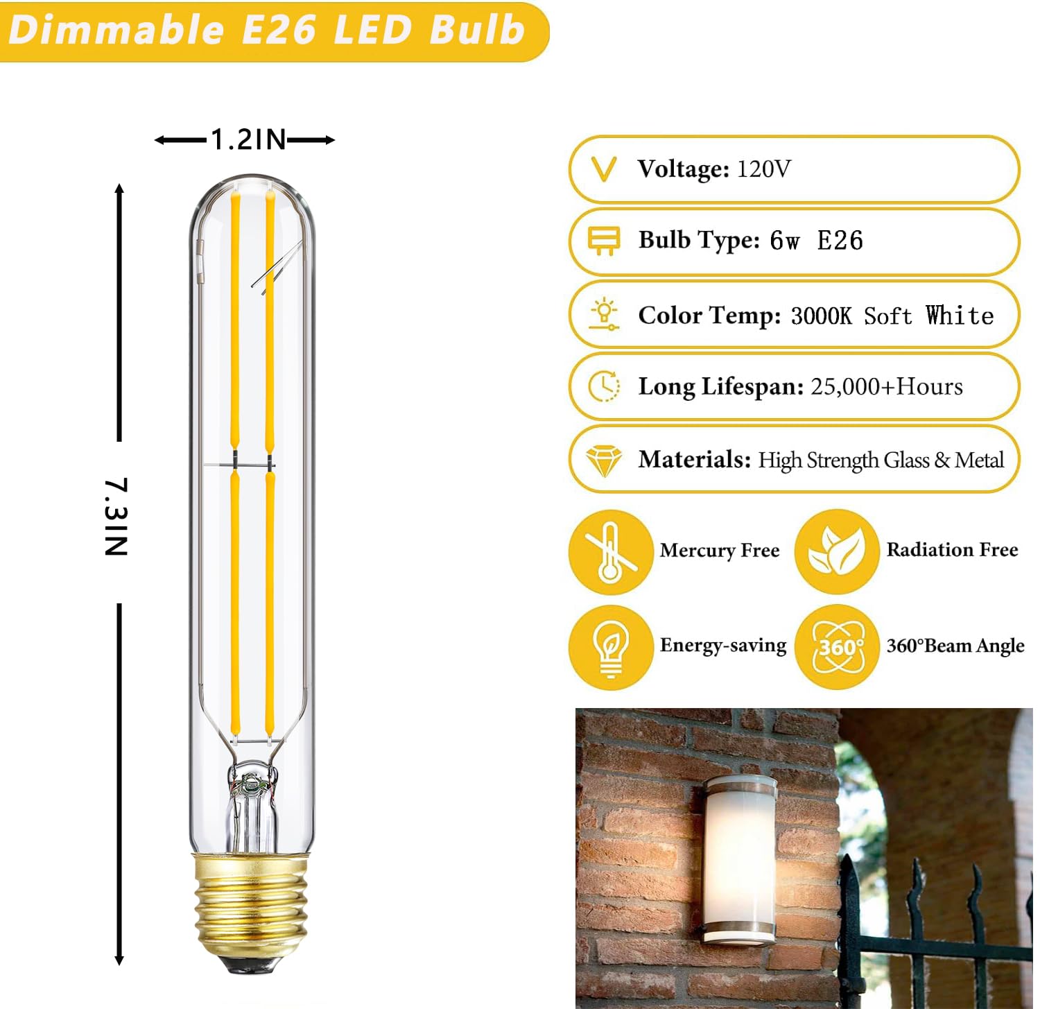 7.3 Inch T10 Led Bulb 60 Watt, Dimmable 3000K Soft White E26 Edison Bulb, Ac120V 600Lm,6W Tubular Long Clear Glass Light Bulb Fo